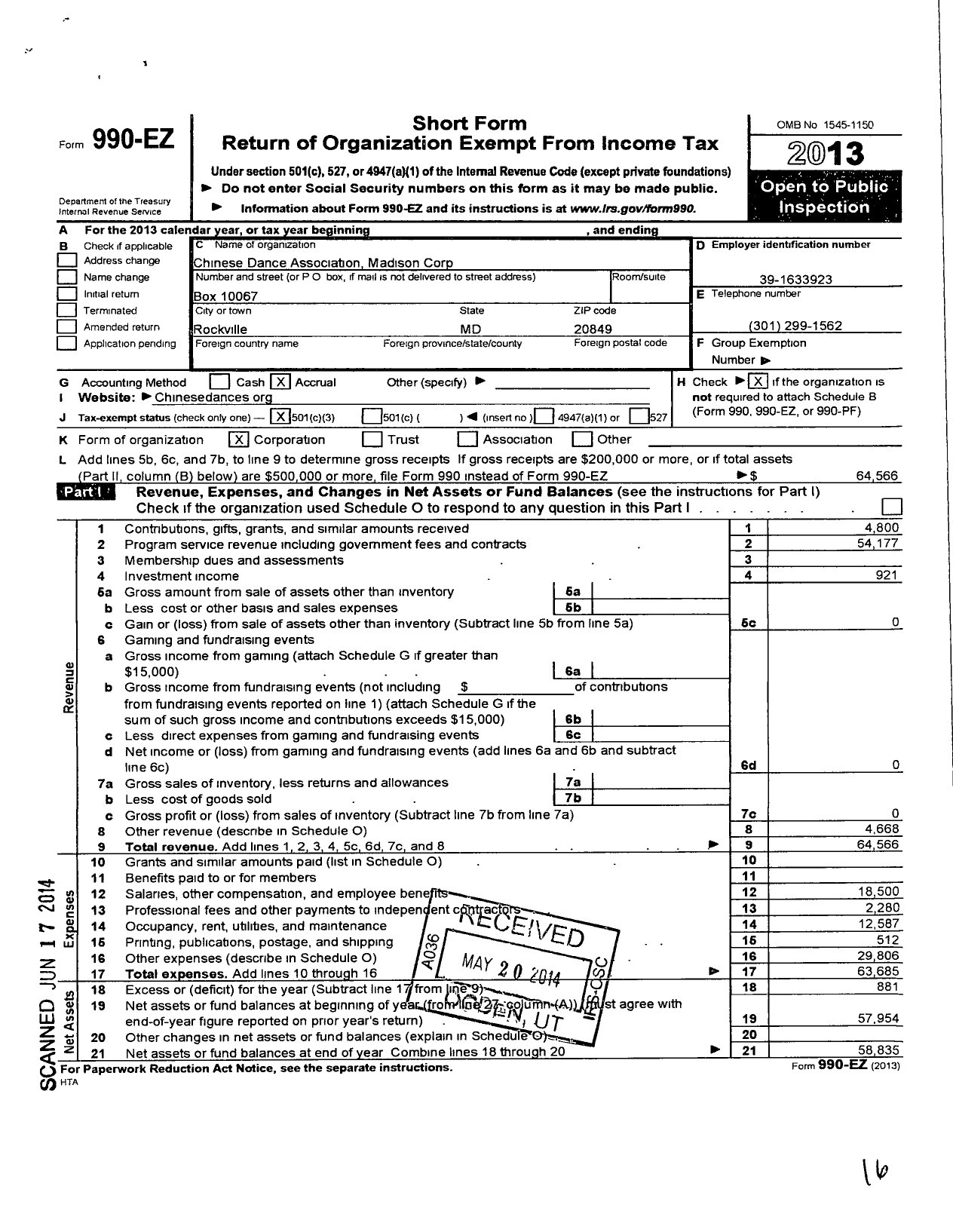 Image of first page of 2013 Form 990EZ for Chinese Dance Association Madison Corporation