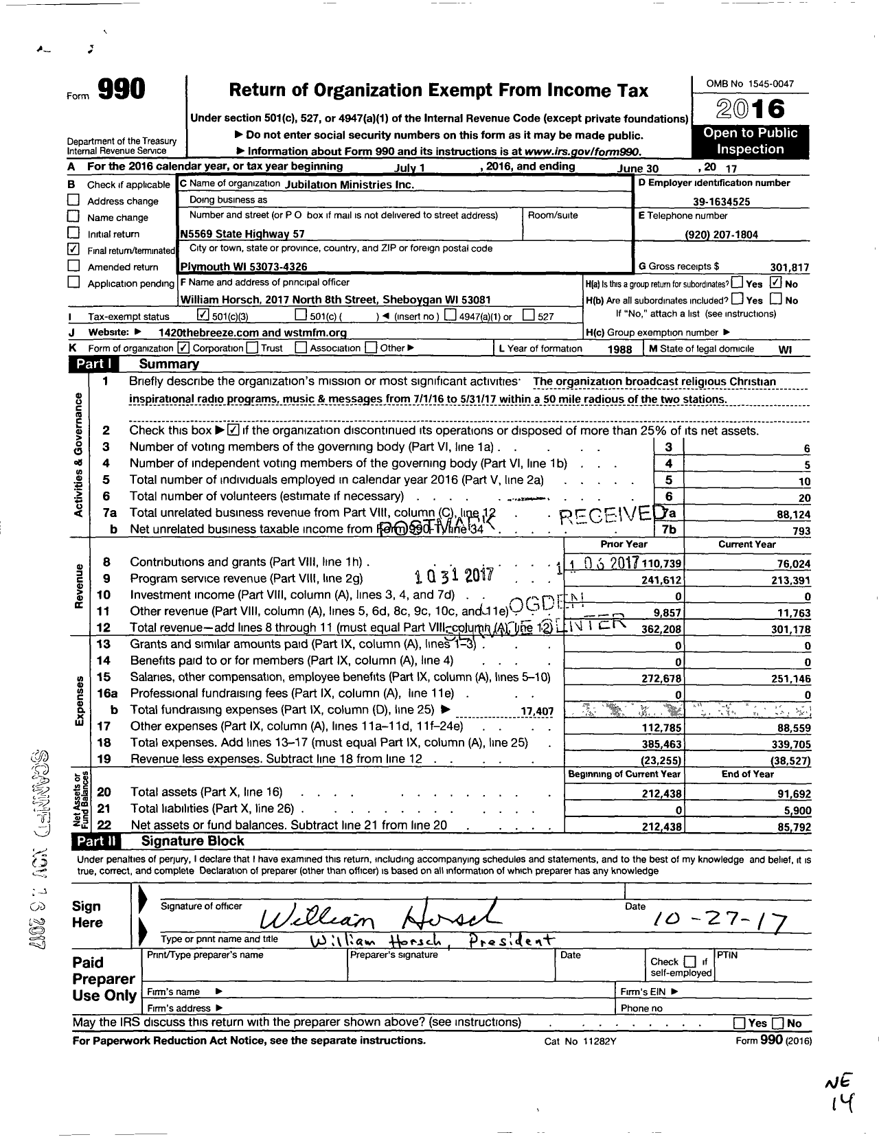 Image of first page of 2016 Form 990 for Jubilation Ministries / Wjub the Breeze and WSTM the Message