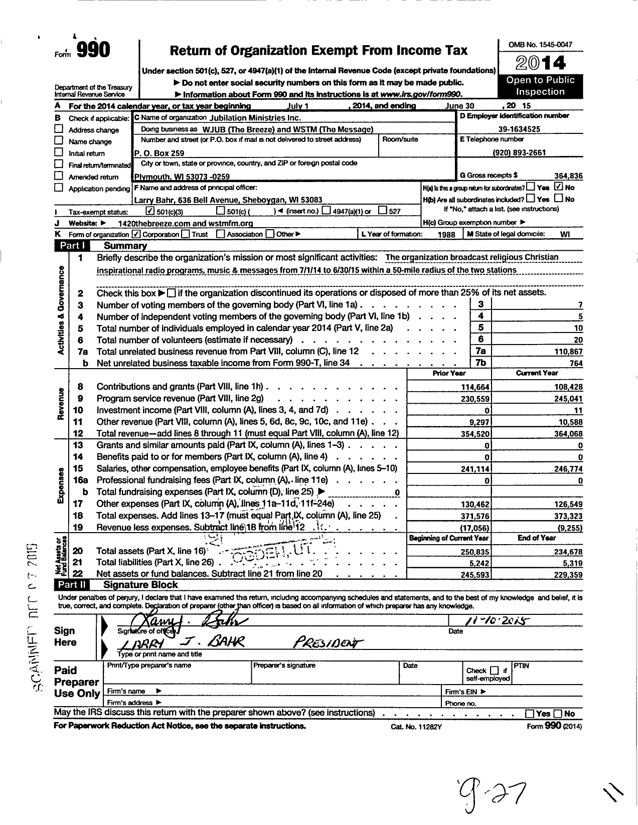 Image of first page of 2014 Form 990 for Jubilation Ministries / Wjub the Breeze and WSTM the Message