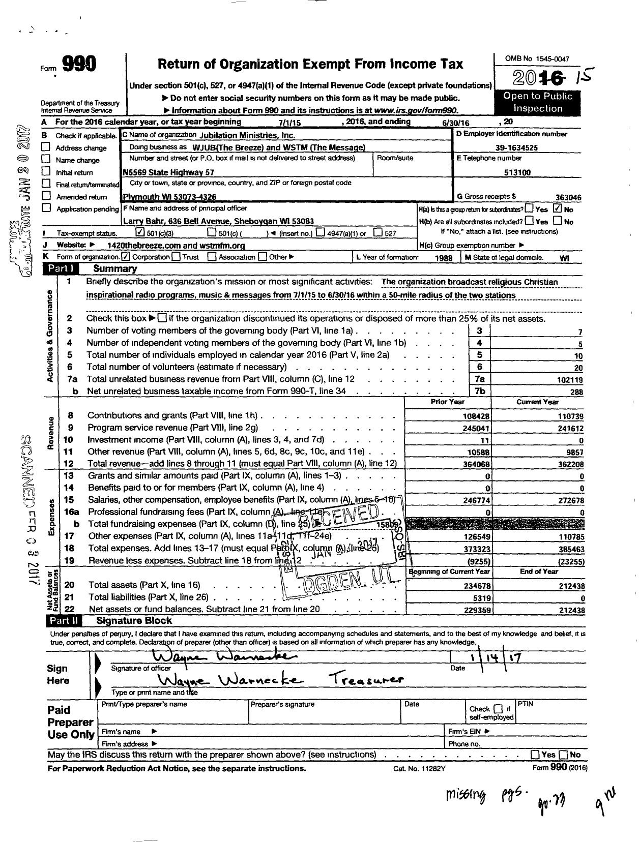 Image of first page of 2015 Form 990 for Jubilation Ministries / Wjub the Breeze and WSTM the Message