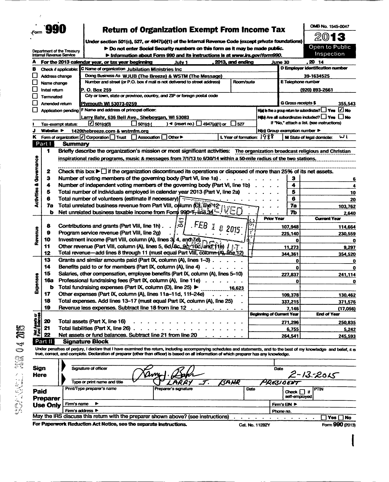 Image of first page of 2013 Form 990 for Jubilation Ministries / Wjub the Breeze and WSTM the Message