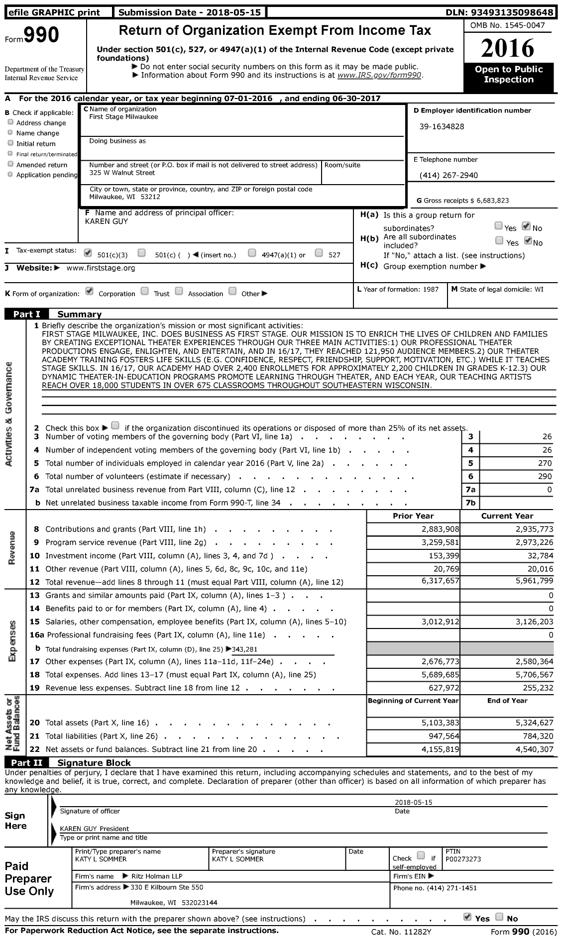 Image of first page of 2016 Form 990 for First Stage Milwaukee