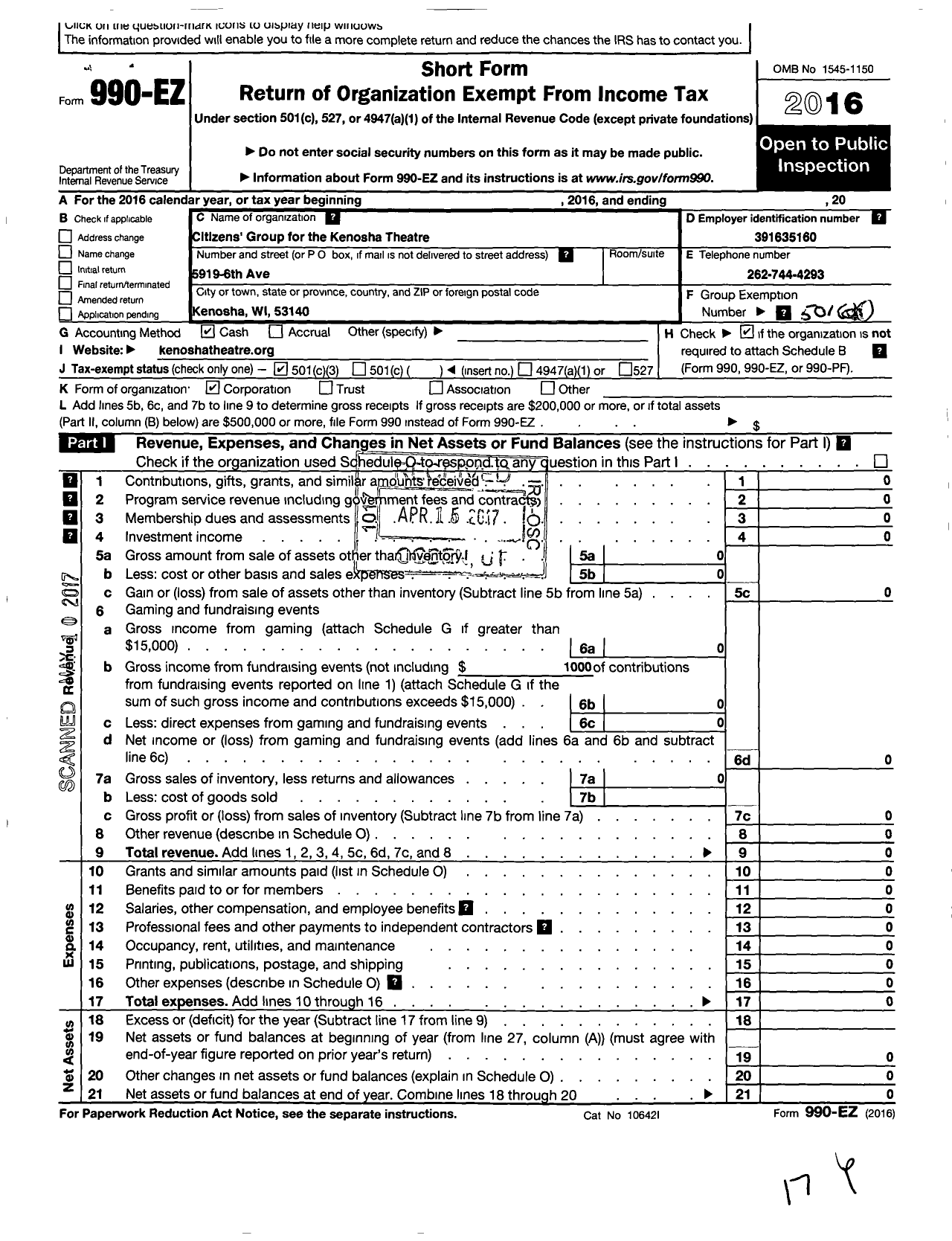 Image of first page of 2016 Form 990EZ for Citizens Group for the Kenosha Theatre