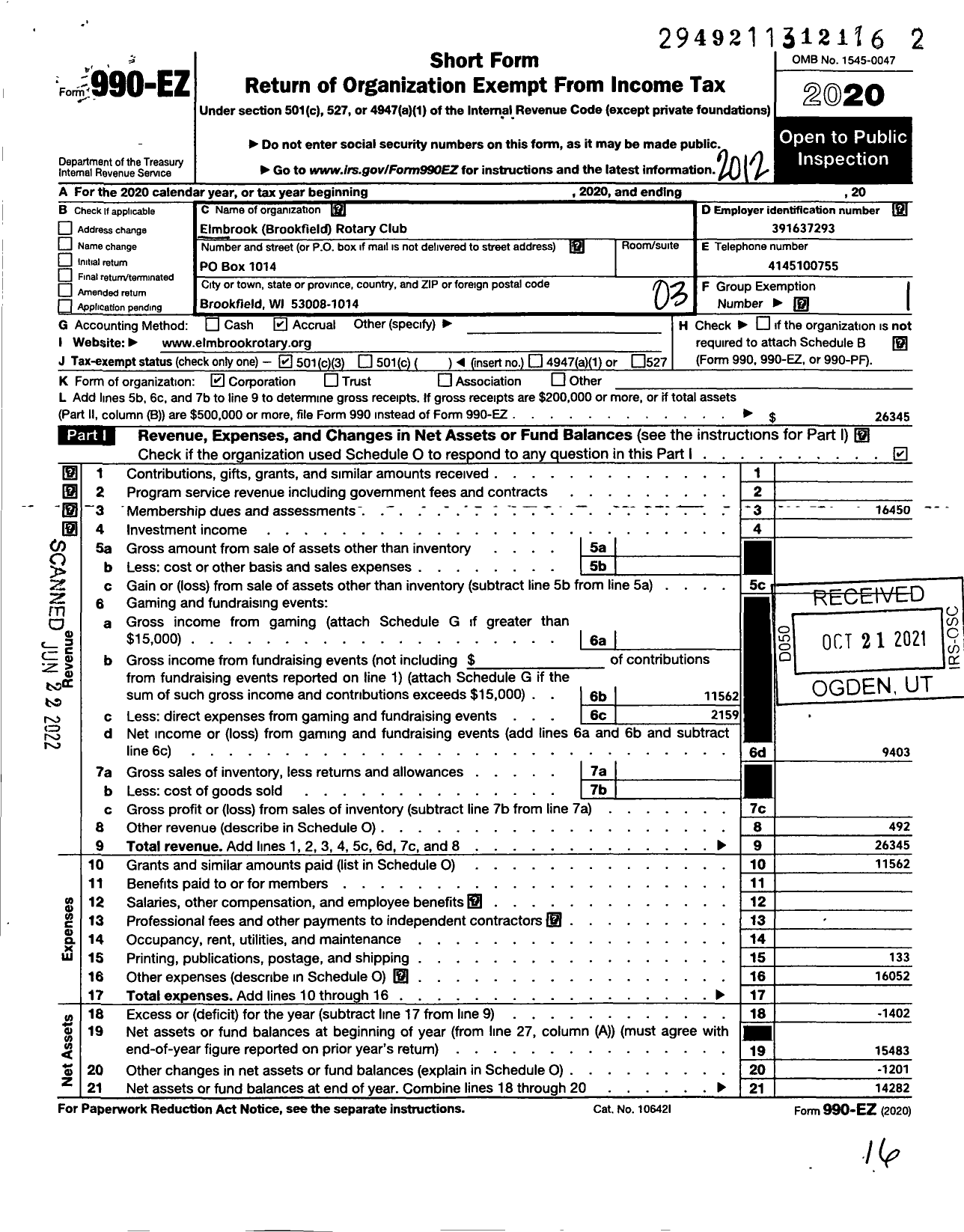 Image of first page of 2020 Form 990EZ for Rotary International - Elmbrook Brookfield Rotary Club