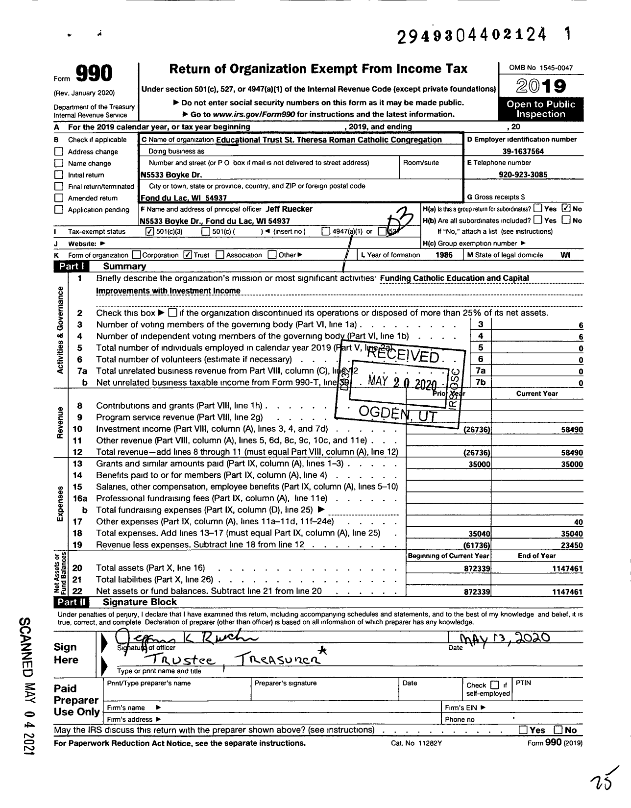 Image of first page of 2019 Form 990 for Educational Trust St Theresa Roman Catholic Congregation