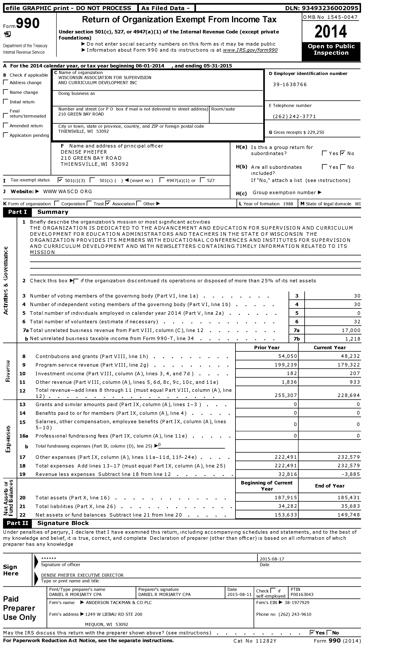 Image of first page of 2014 Form 990 for Wisconsin Association for Supervision and Curriculum Development