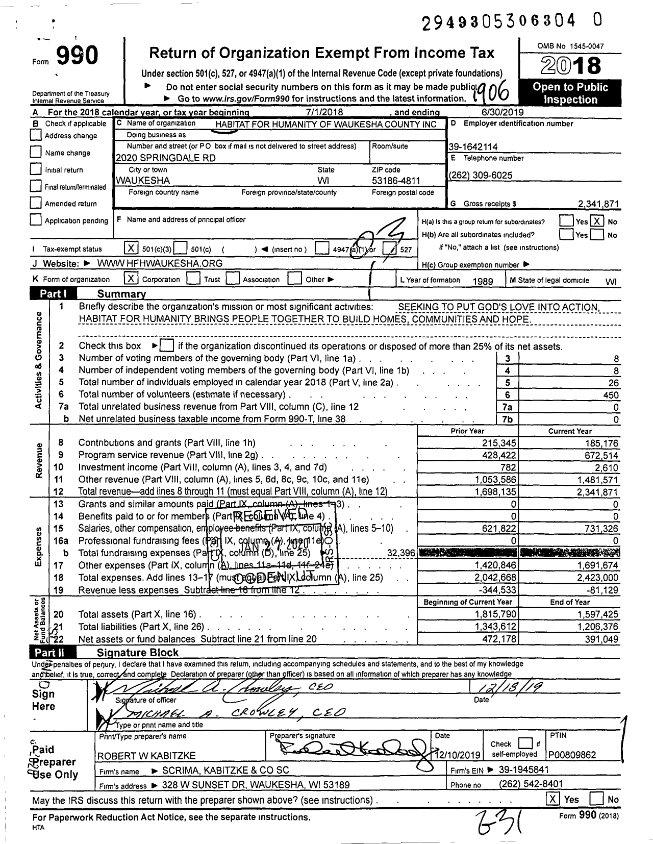 Image of first page of 2018 Form 990 for Habitat for Humanity of Waukesha County