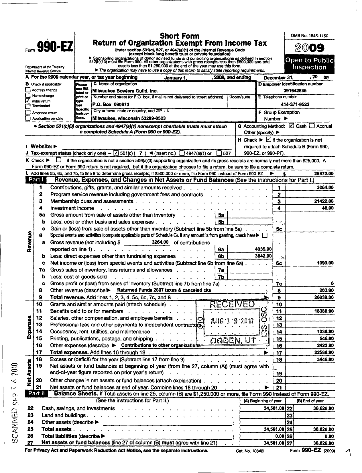 Image of first page of 2009 Form 990EO for Milwaukee Bowlers Guild