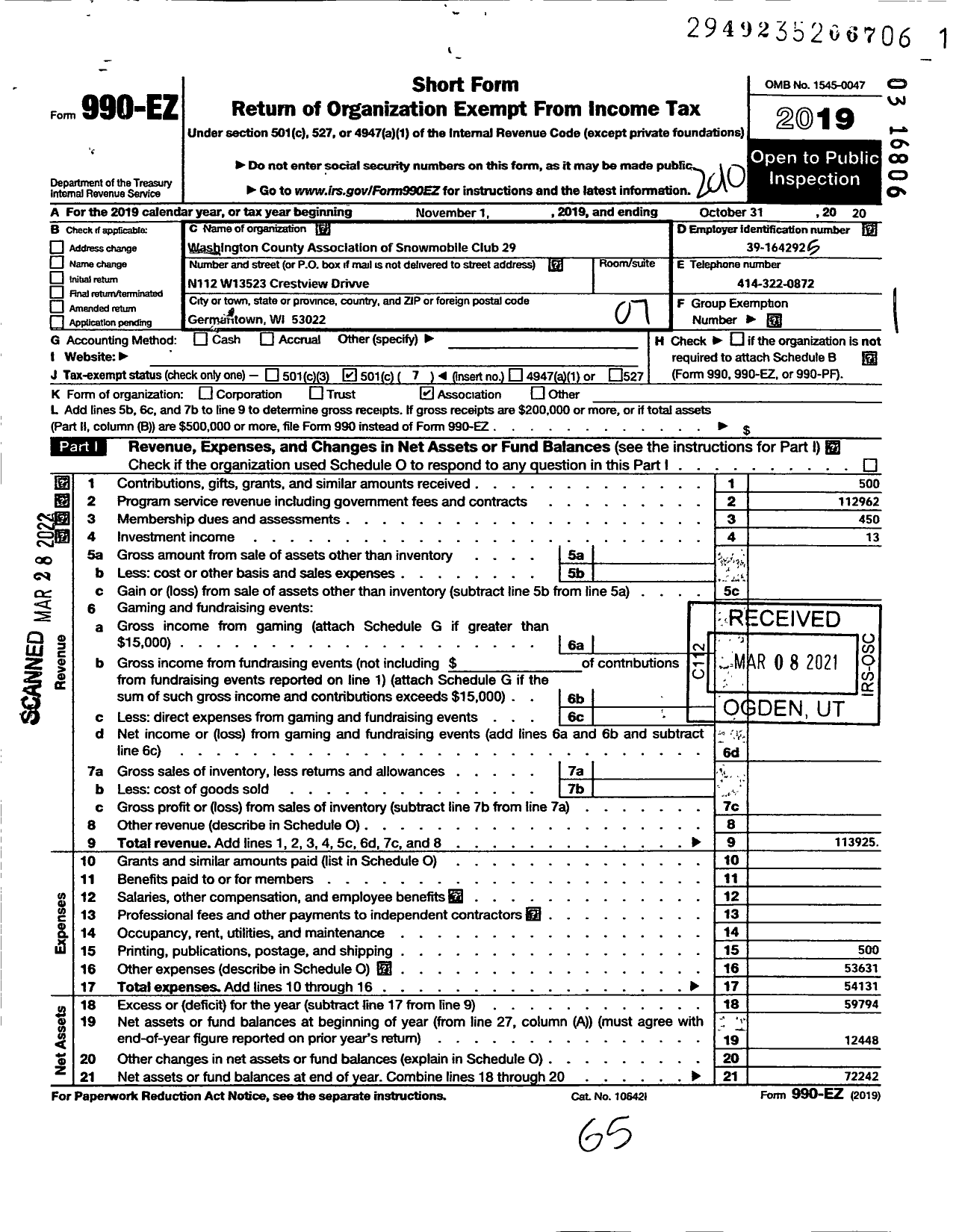 Image of first page of 2019 Form 990EO for Washington County Association of Snowmobile Clubs