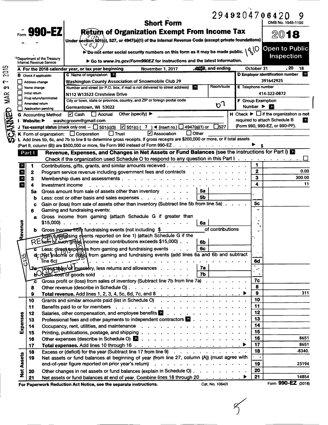 Image of first page of 2017 Form 990EO for Washington County Association of Snowmobile Clubs