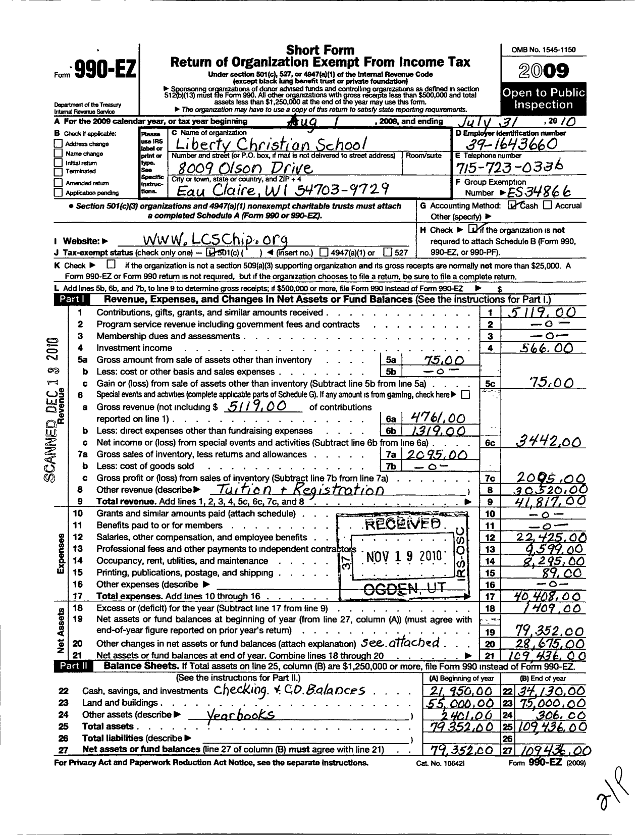 Image of first page of 2009 Form 990EO for Liberty Christian School