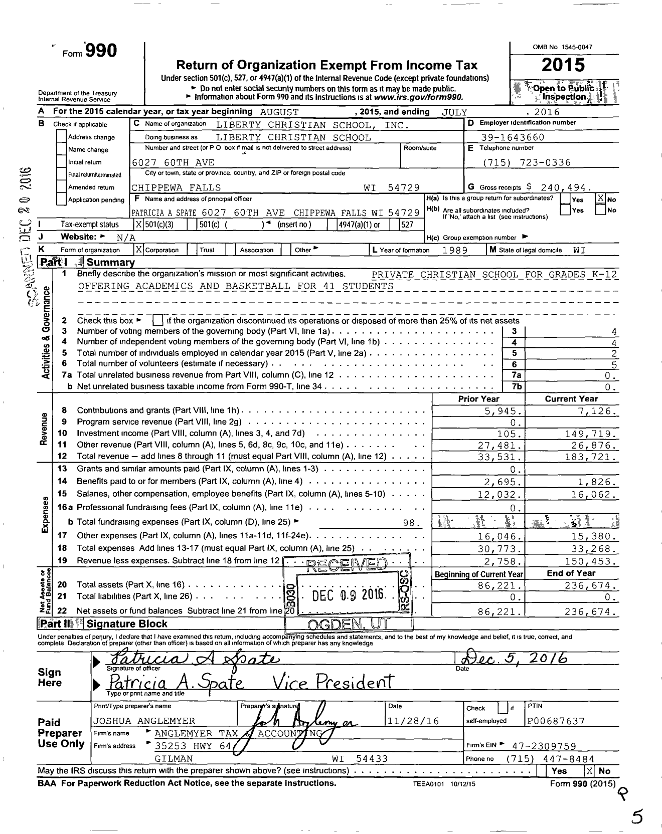 Image of first page of 2015 Form 990 for Liberty Christian School