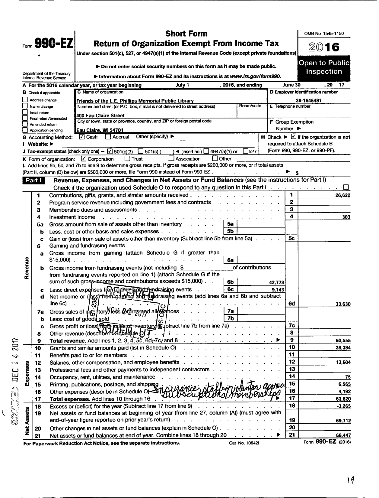 Image of first page of 2016 Form 990EZ for Friends of the L E Phillips Memorial Public Library