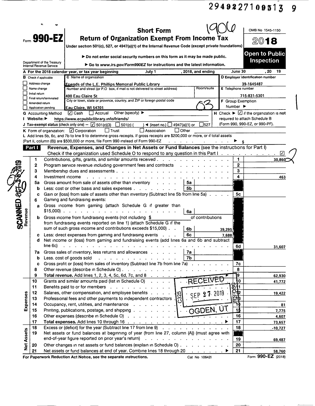 Image of first page of 2018 Form 990EZ for Friends of the L E Phillips Memorial Public Library