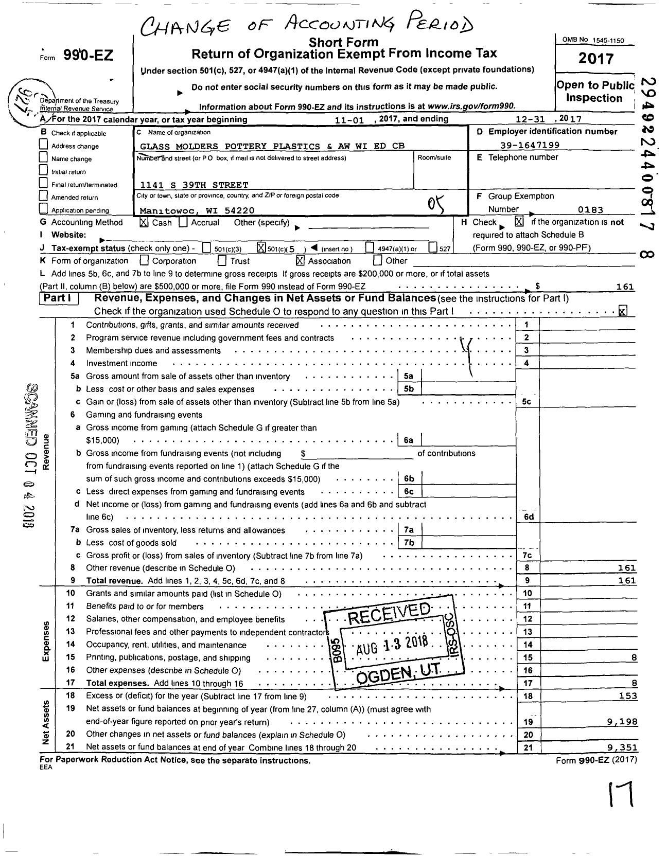 Image of first page of 2017 Form 990EO for United Steelworkers - Wisconsin Educational Conference