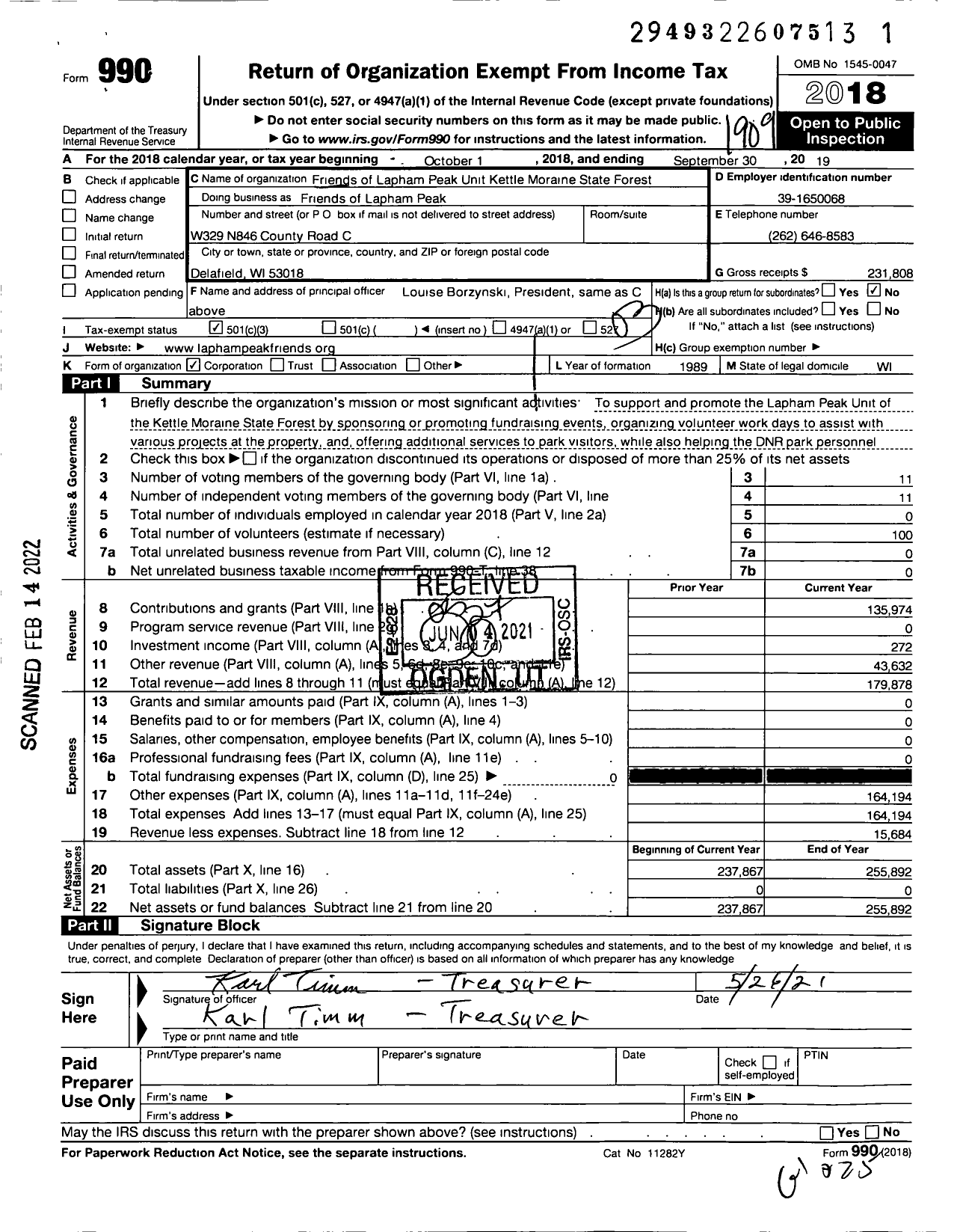 Image of first page of 2018 Form 990 for Friends of Lapham Peak Unit - Kettle Mor