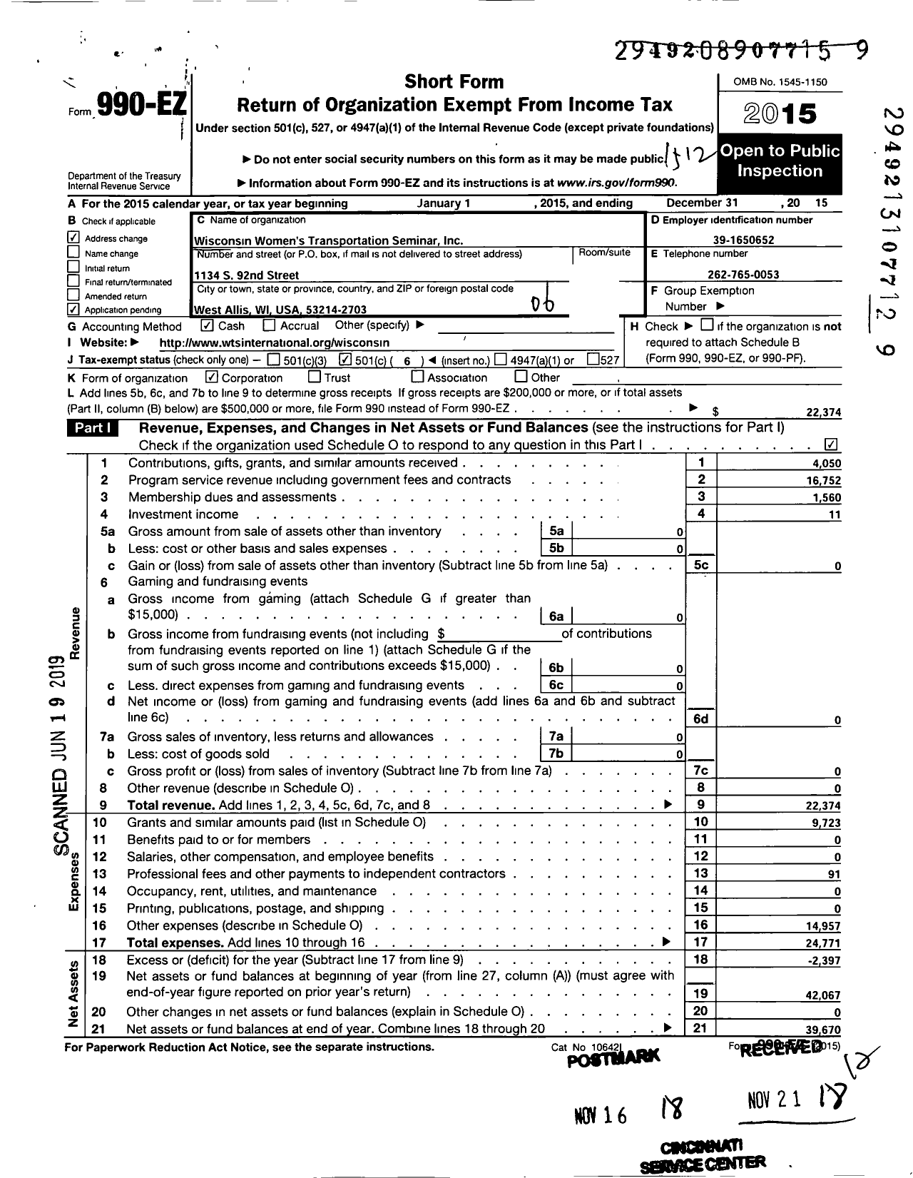 Image of first page of 2015 Form 990EO for Wisconsin Womens Transportation Seminar