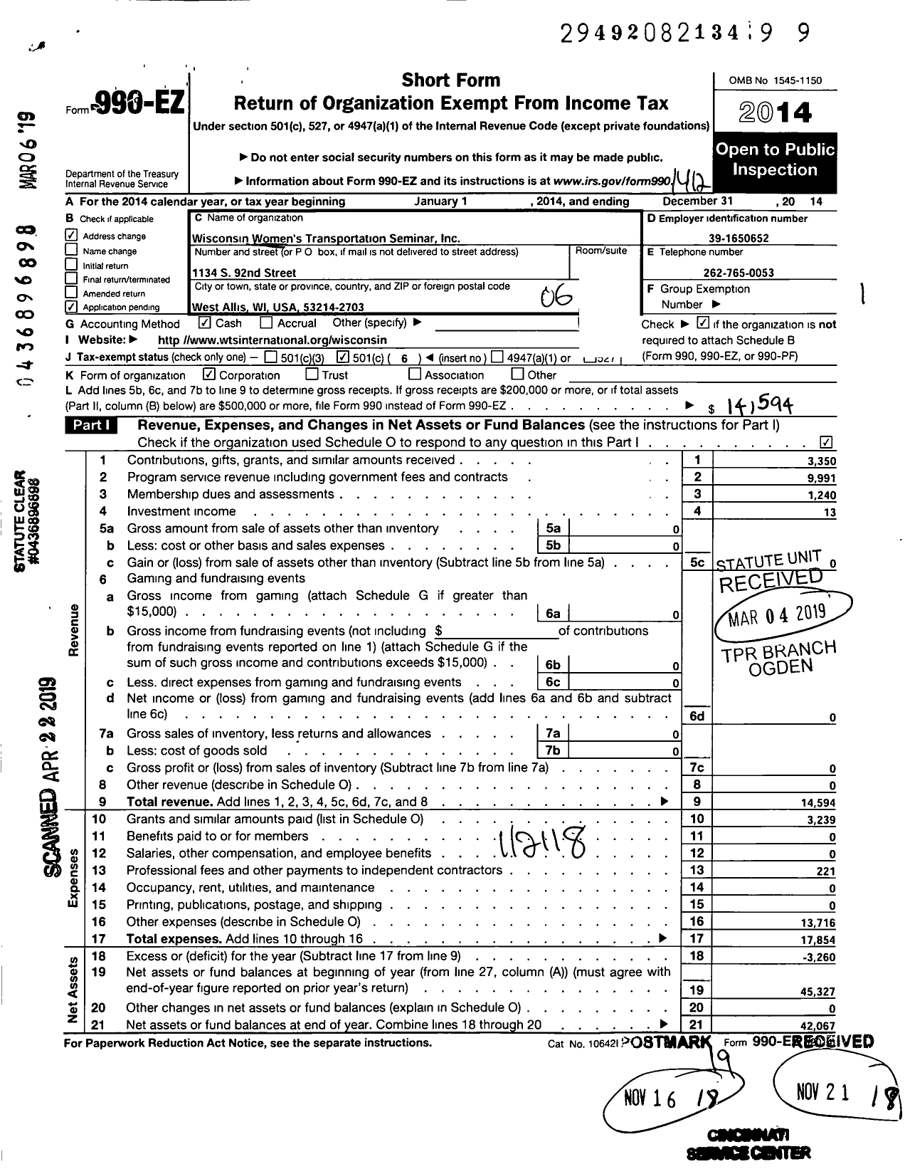 Image of first page of 2014 Form 990EO for Wisconsin Womens Transportation Seminar