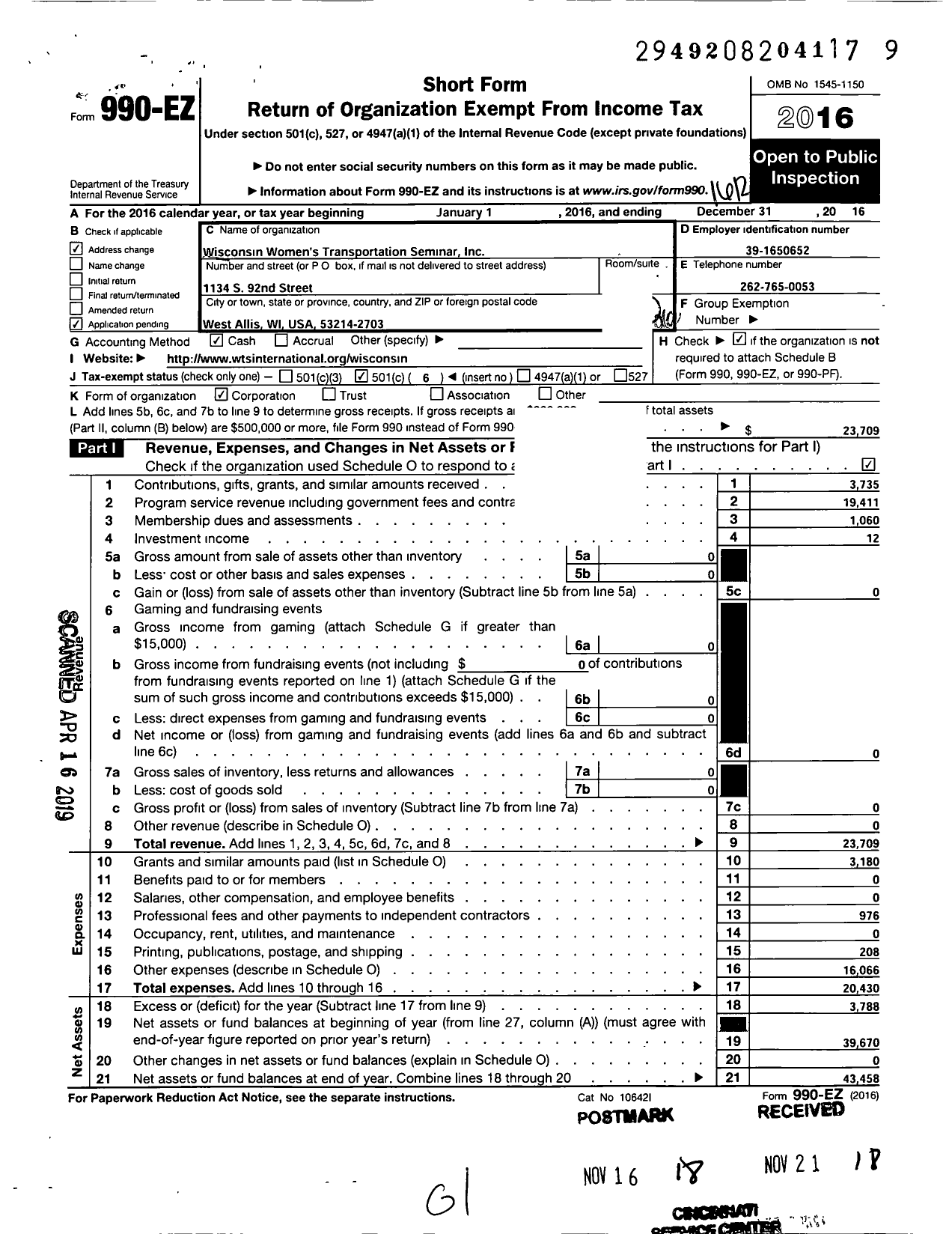 Image of first page of 2016 Form 990EO for Wisconsin Womens Transportation Seminar