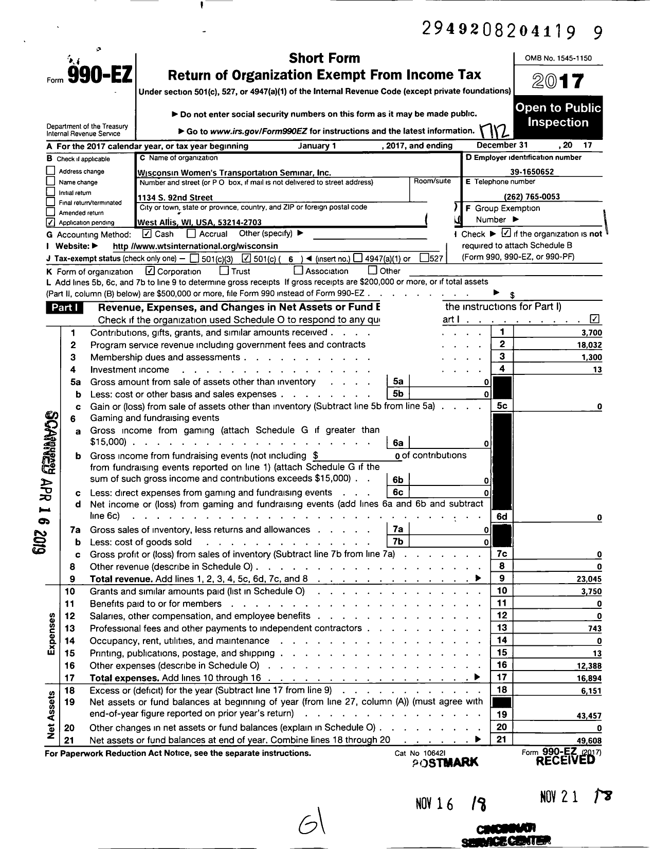 Image of first page of 2017 Form 990EO for Wisconsin Womens Transportation Seminar