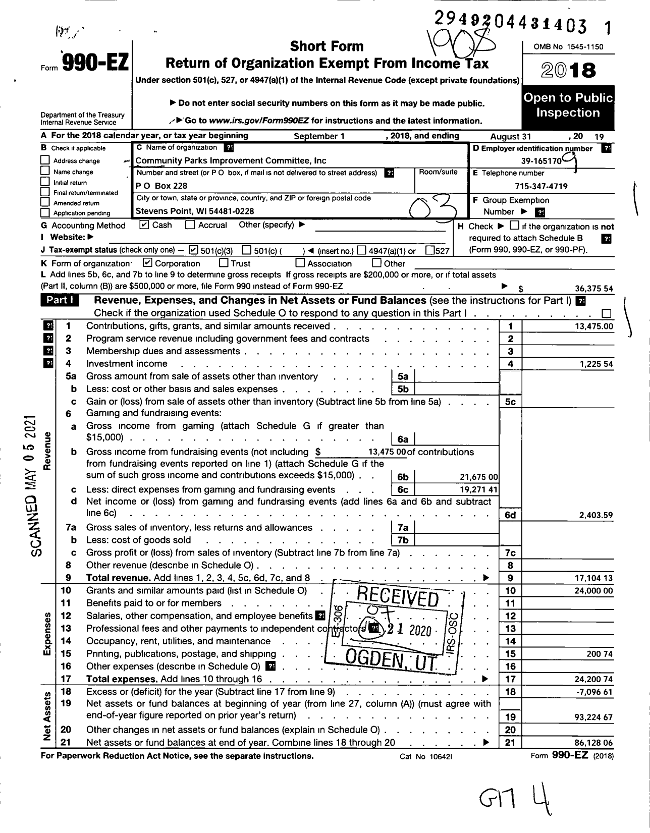 Image of first page of 2018 Form 990EZ for Community Parks Improvement Committee