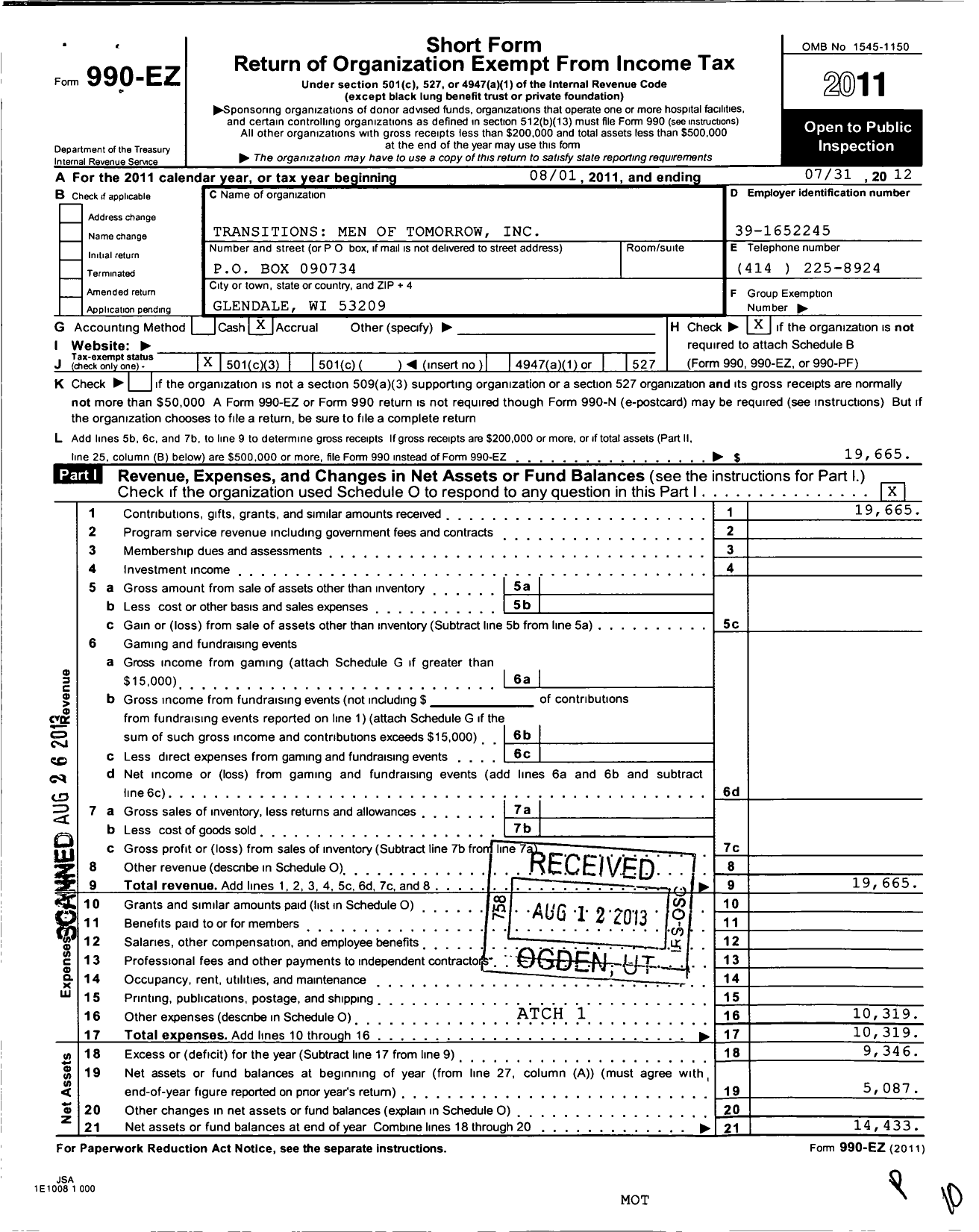 Image of first page of 2011 Form 990EZ for Transitions Men of Tomorrow