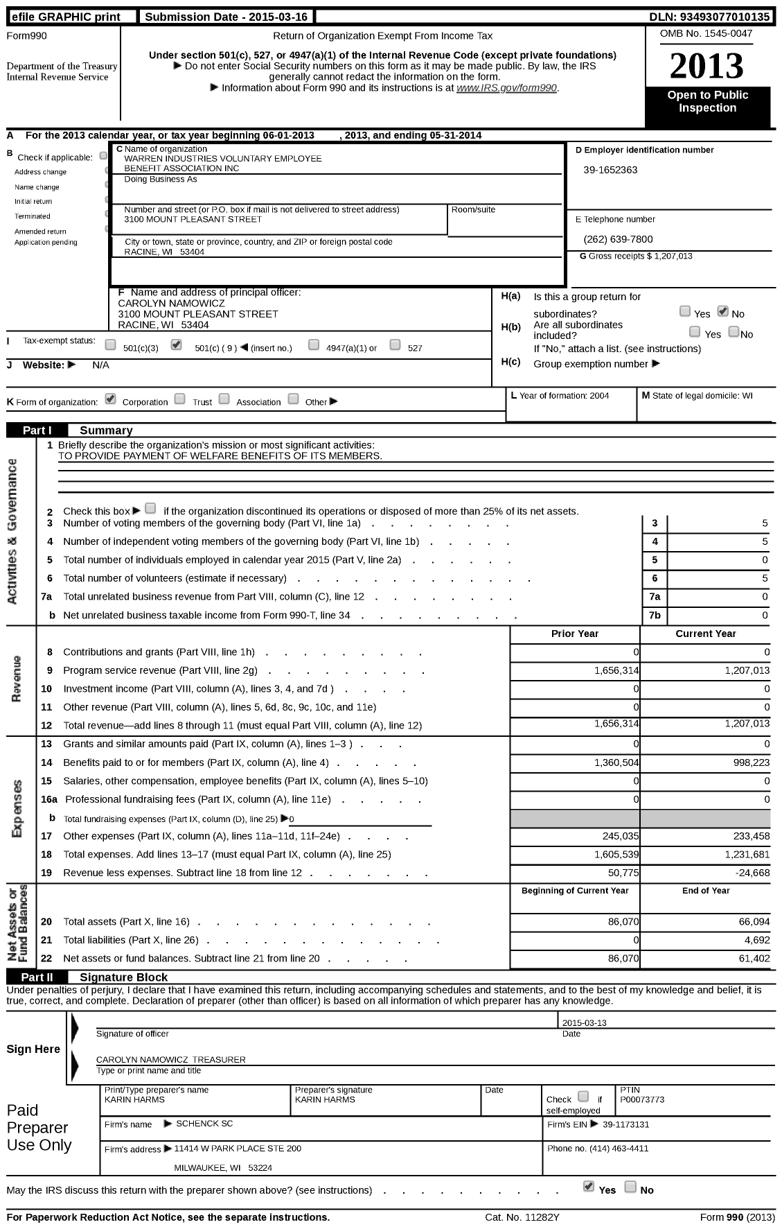 Image of first page of 2013 Form 990 for Warren Industries Voluntary Employee Benefit Association