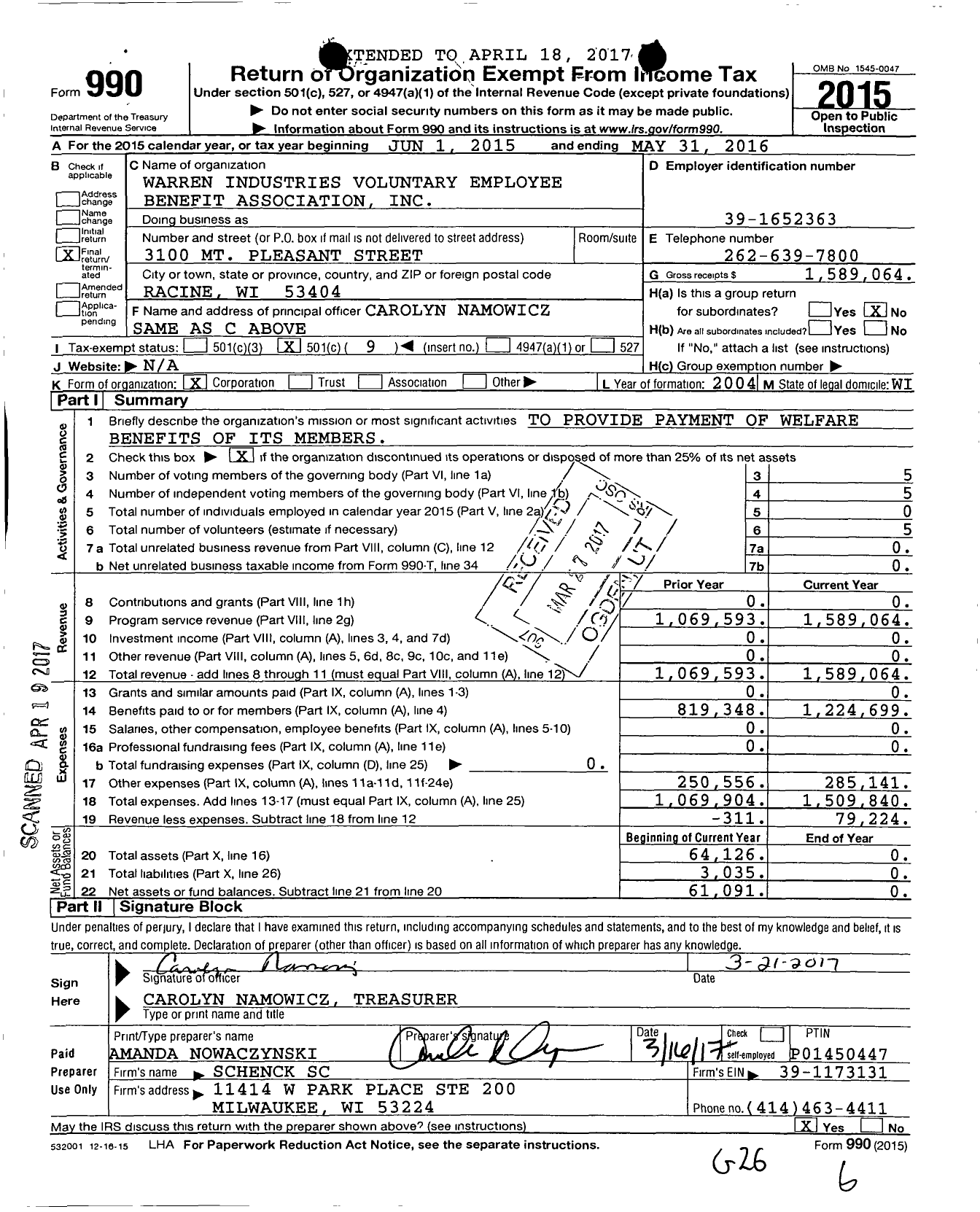 Image of first page of 2015 Form 990O for Warren Industries Voluntary Employee Benefit Association