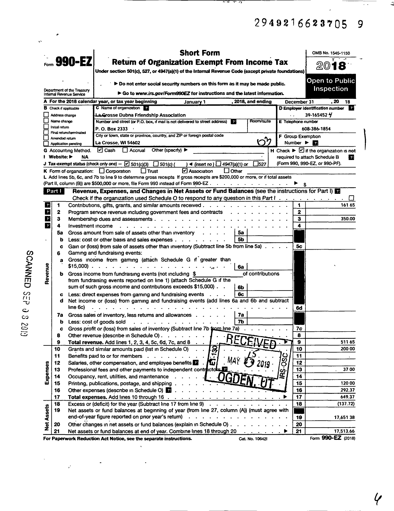 Image of first page of 2018 Form 990EZ for La Crosse Dubna Friendship Association