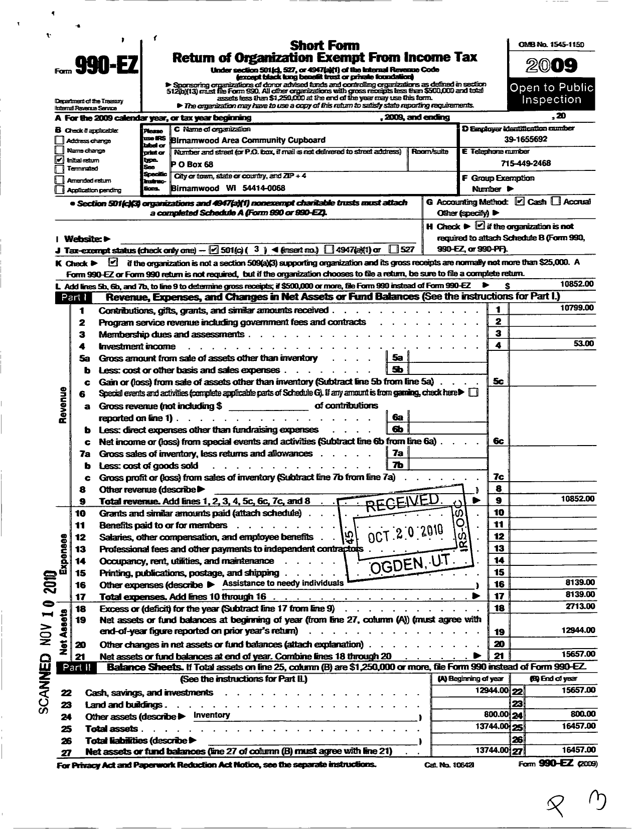 Image of first page of 2009 Form 990EZ for Birnamwood Area Community Cupboard