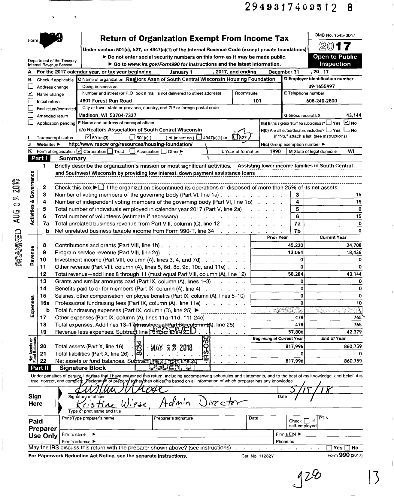 Image of first page of 2017 Form 990 for South Central Wisconsin Housing Foundation