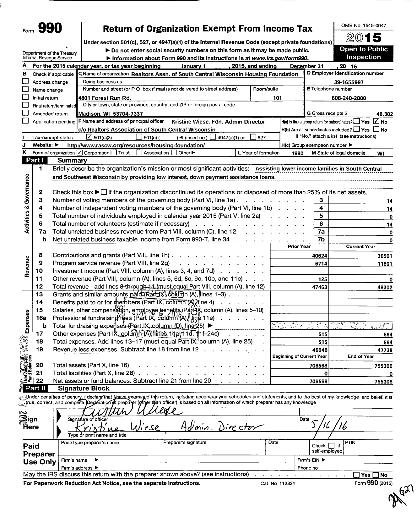 Image of first page of 2015 Form 990 for South Central Wisconsin Housing Foundation