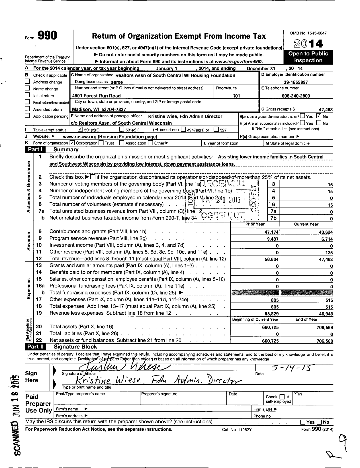 Image of first page of 2014 Form 990 for South Central Wisconsin Housing Foundation