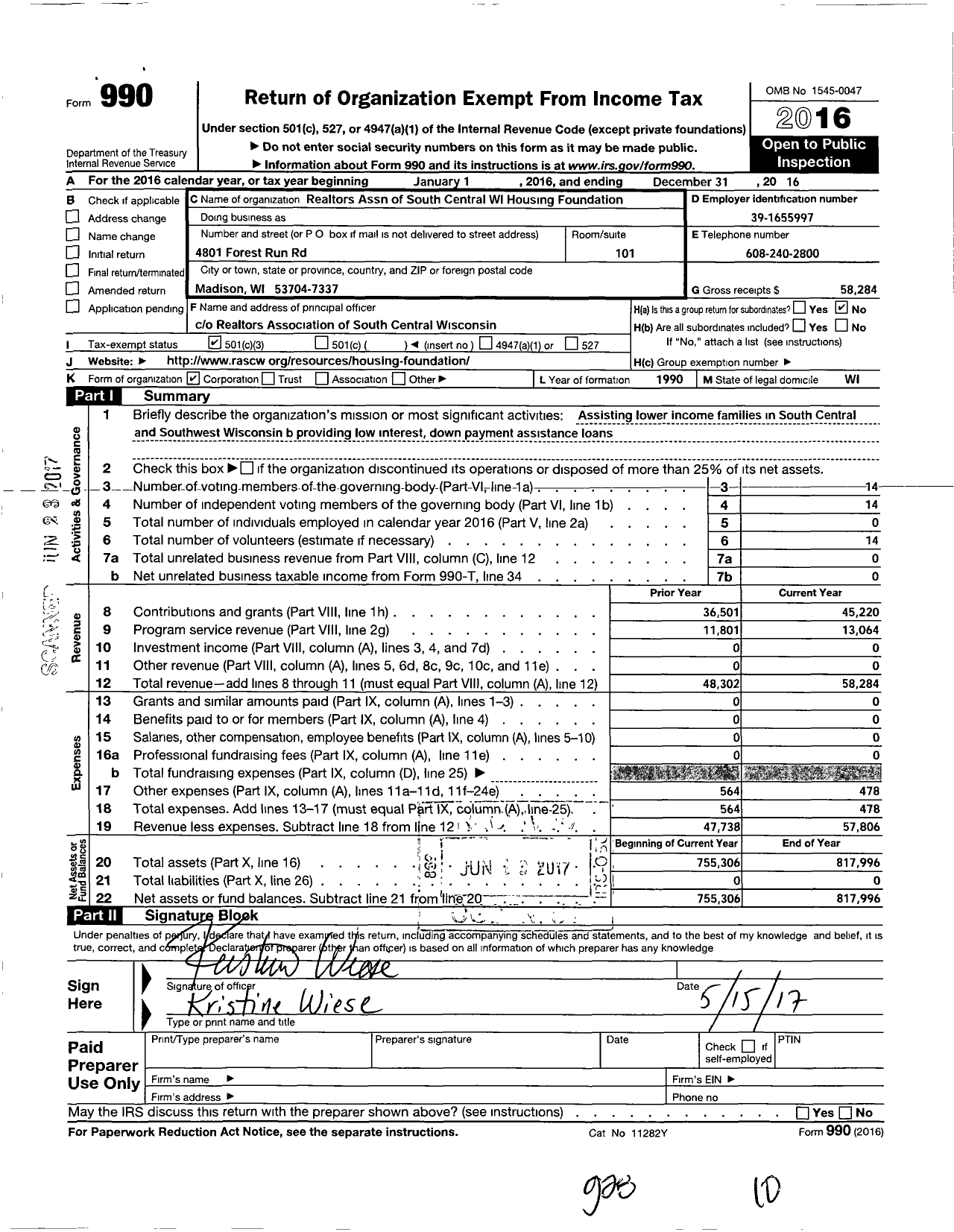 Image of first page of 2016 Form 990 for South Central Wisconsin Housing Foundation