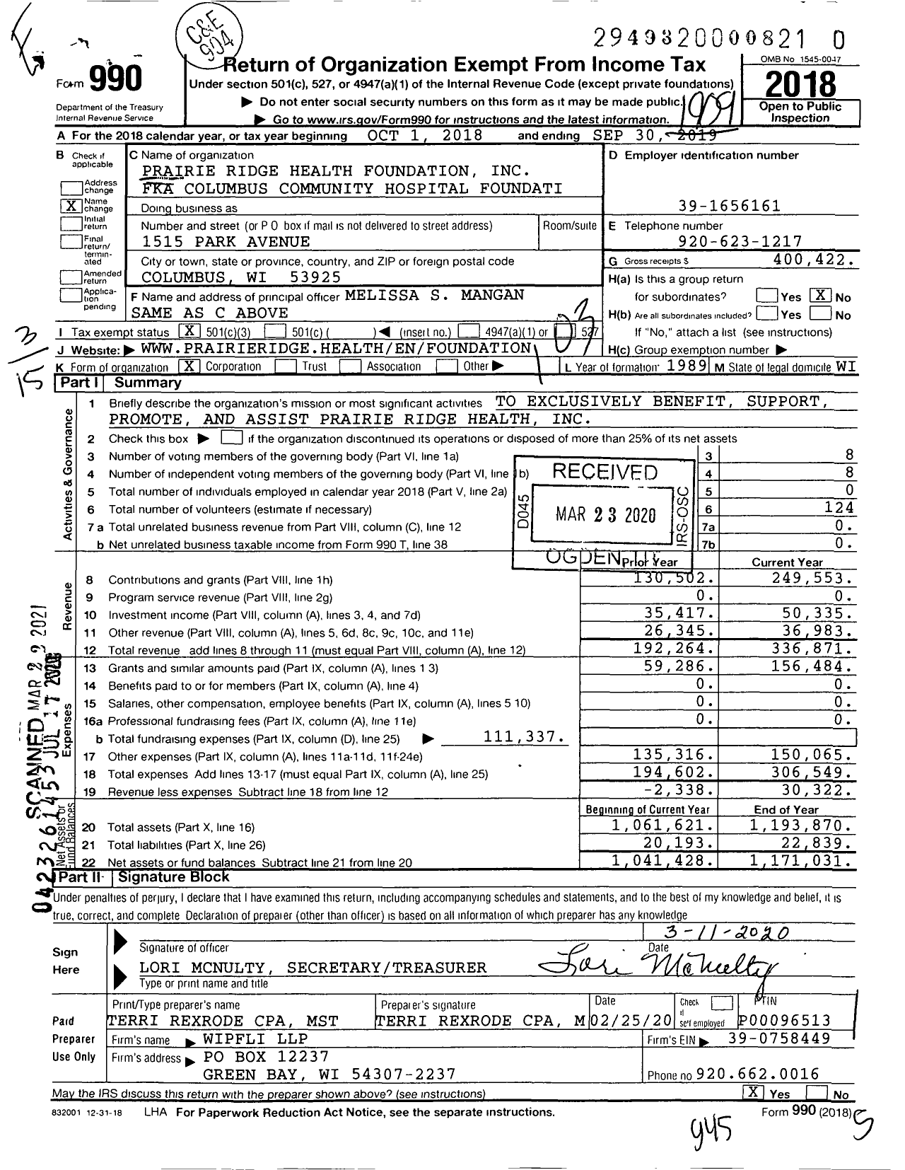 Image of first page of 2018 Form 990 for Prairie Ridge Health Foundation