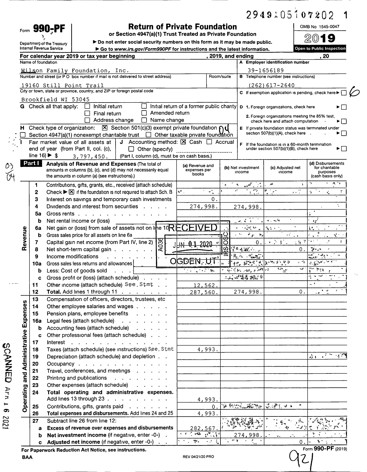 Image of first page of 2019 Form 990PF for Wilson Family Foundation