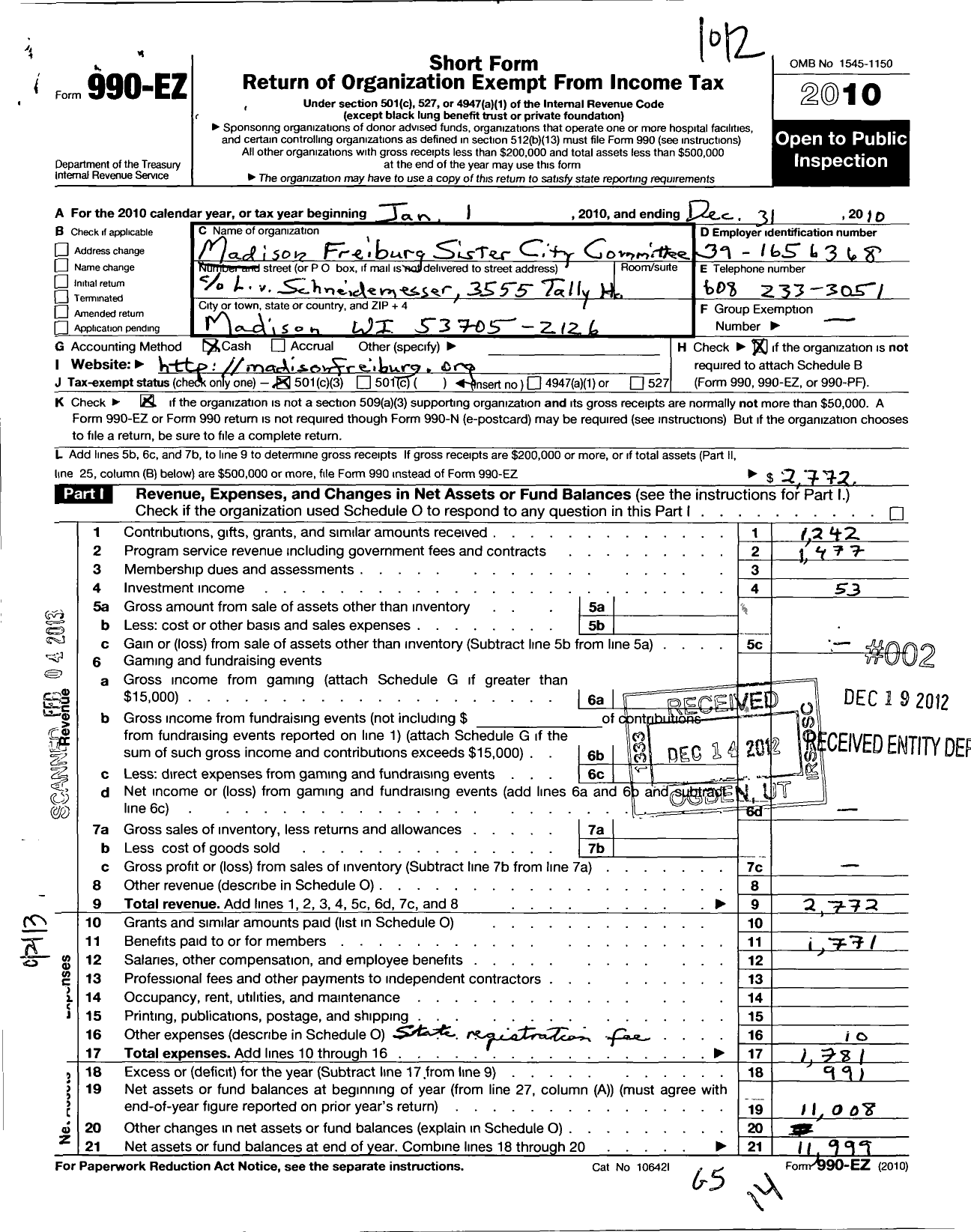 Image of first page of 2010 Form 990EZ for Madison Freiburg Sister City Committee