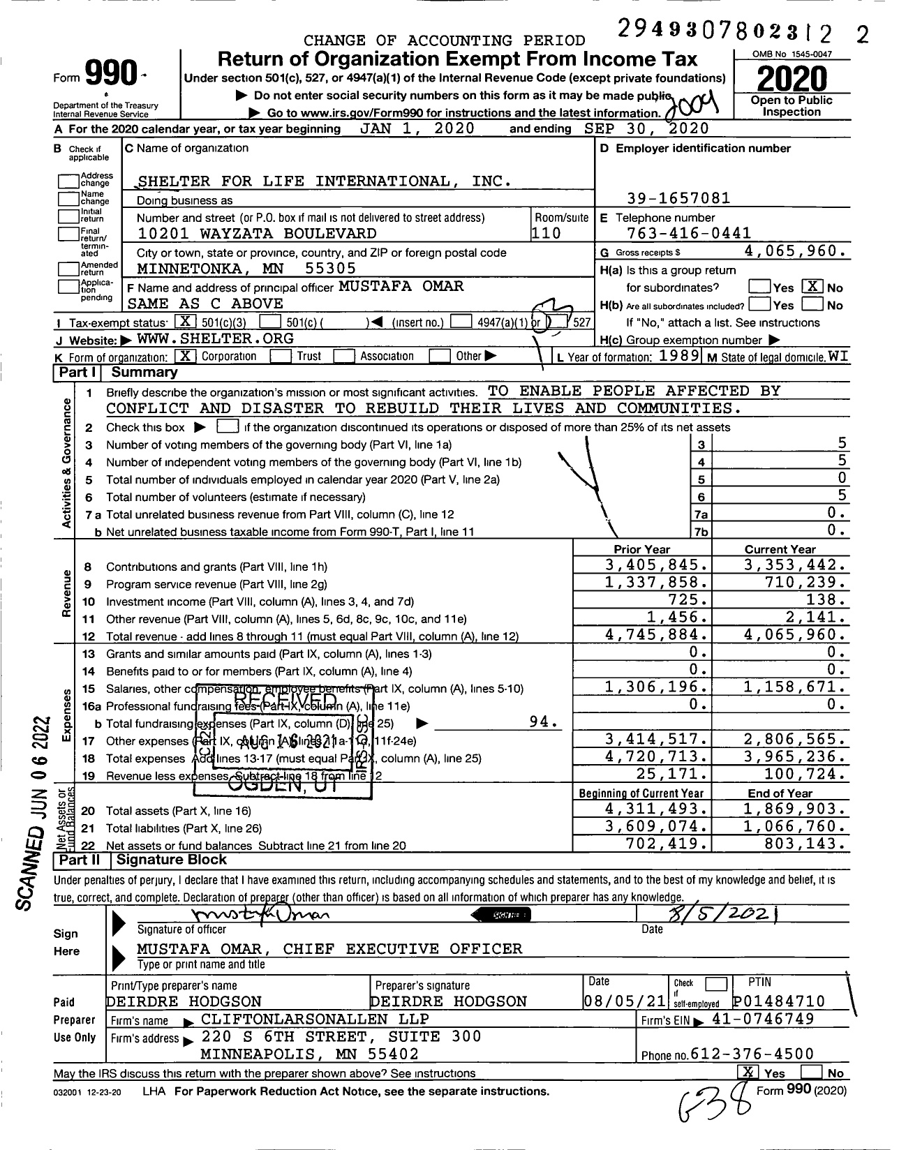 Image of first page of 2019 Form 990 for Shelter for Life International (SFL)