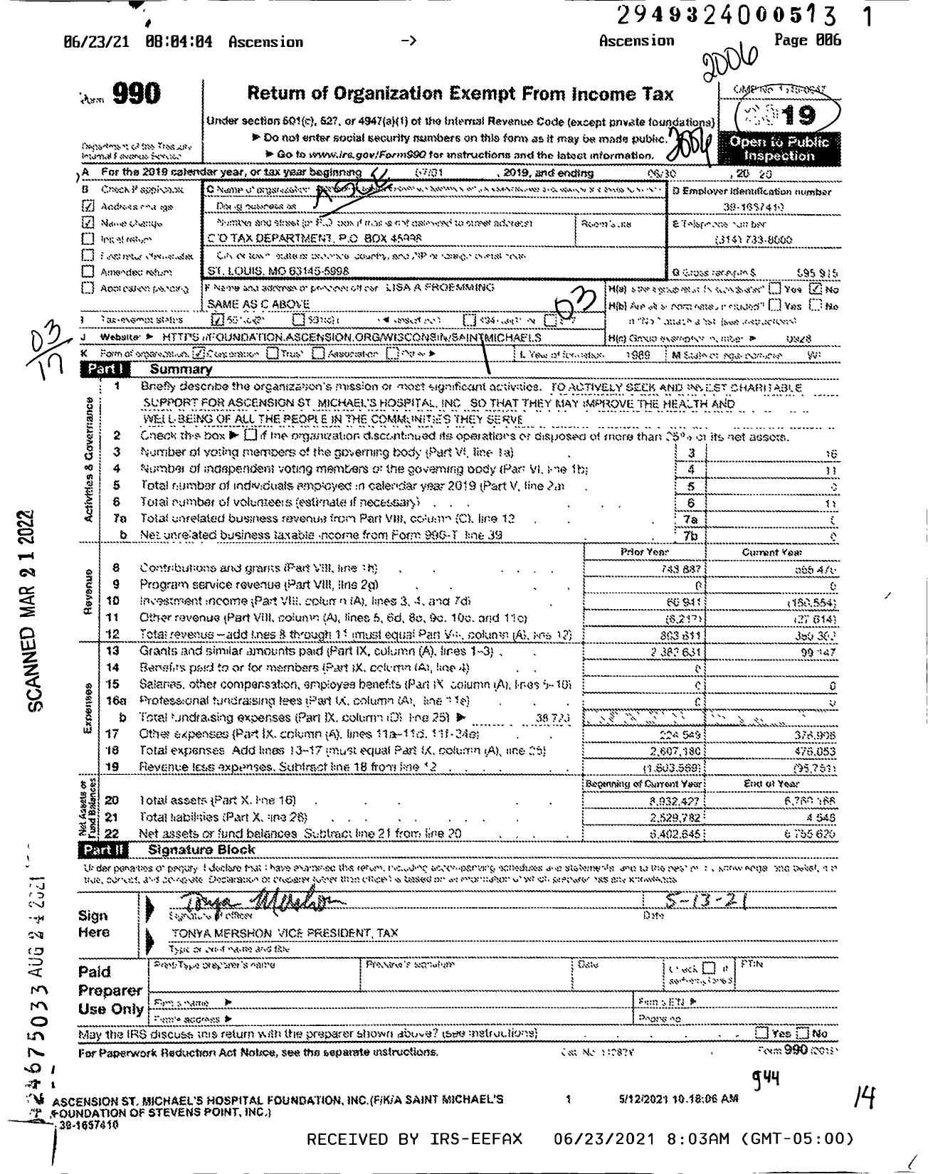 Image of first page of 2019 Form 990 for Aspirus Stevens Point Hospital Foundation