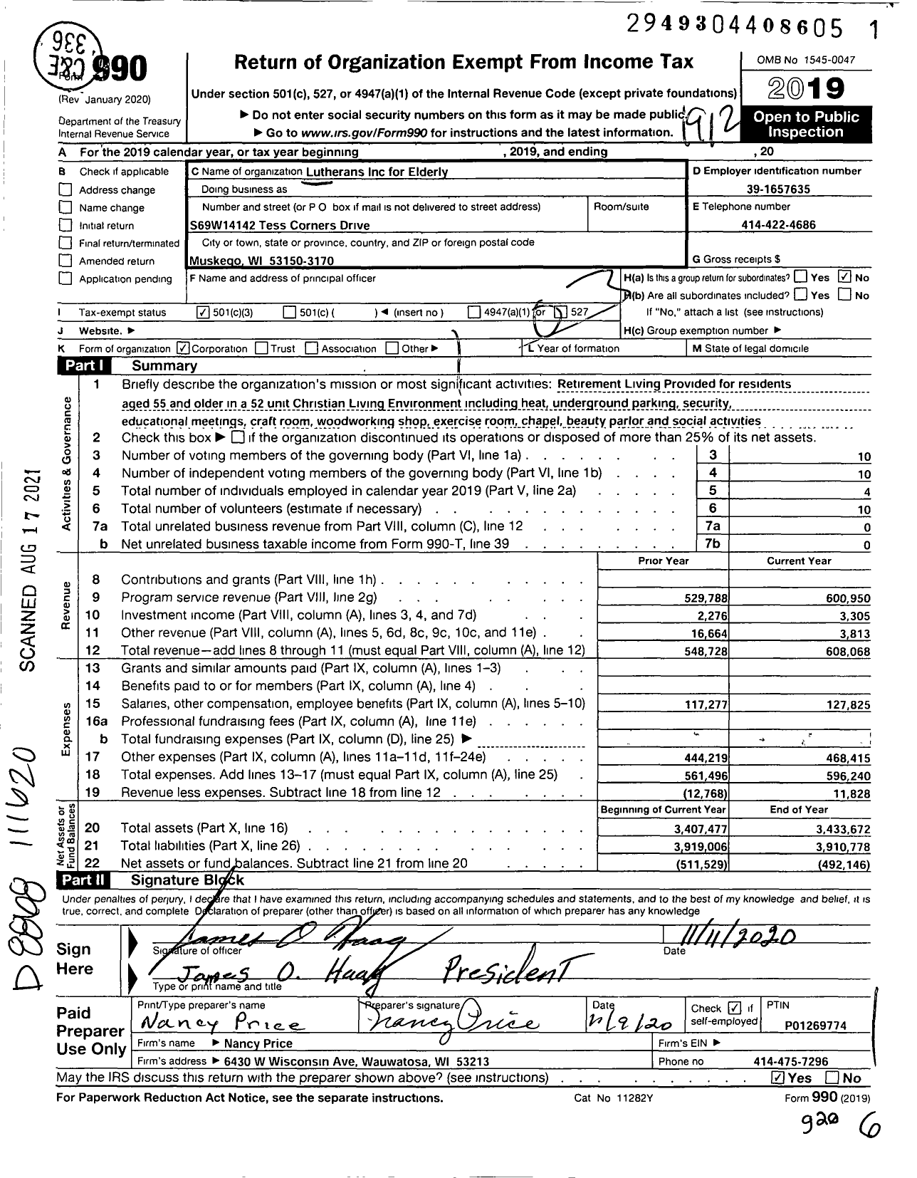 Image of first page of 2019 Form 990 for Lutherans Inc for Elderly