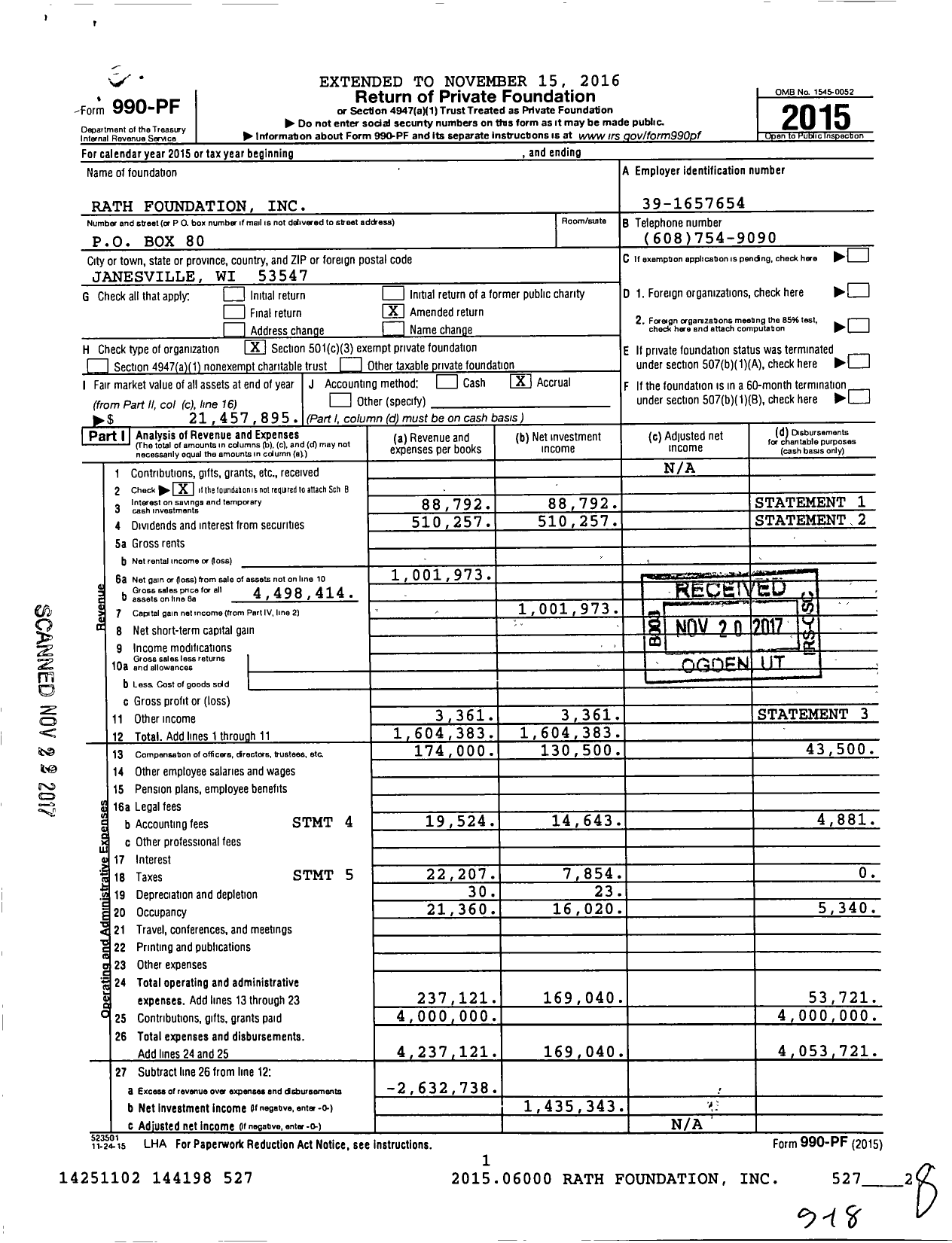 Image of first page of 2015 Form 990PF for Rath Foundation