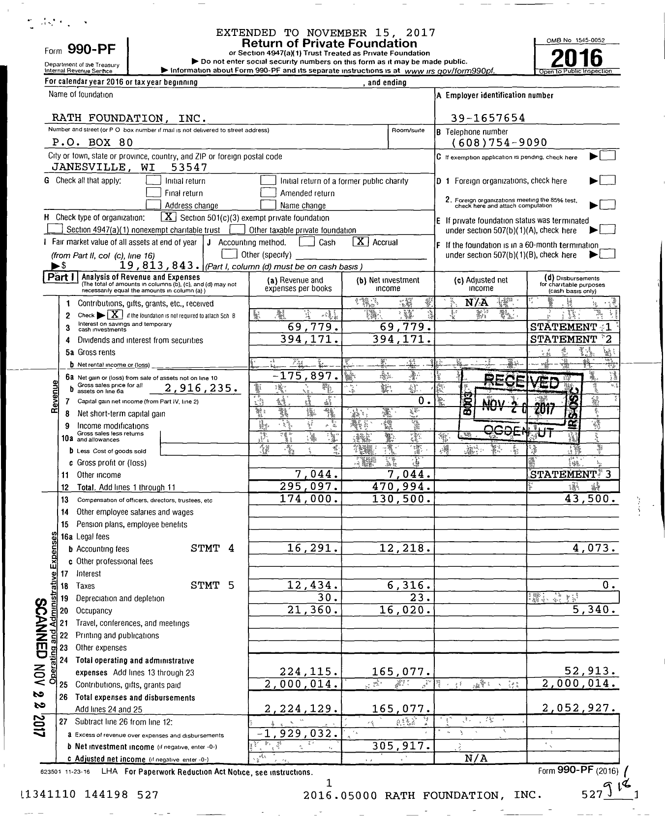 Image of first page of 2016 Form 990PF for Rath Foundation