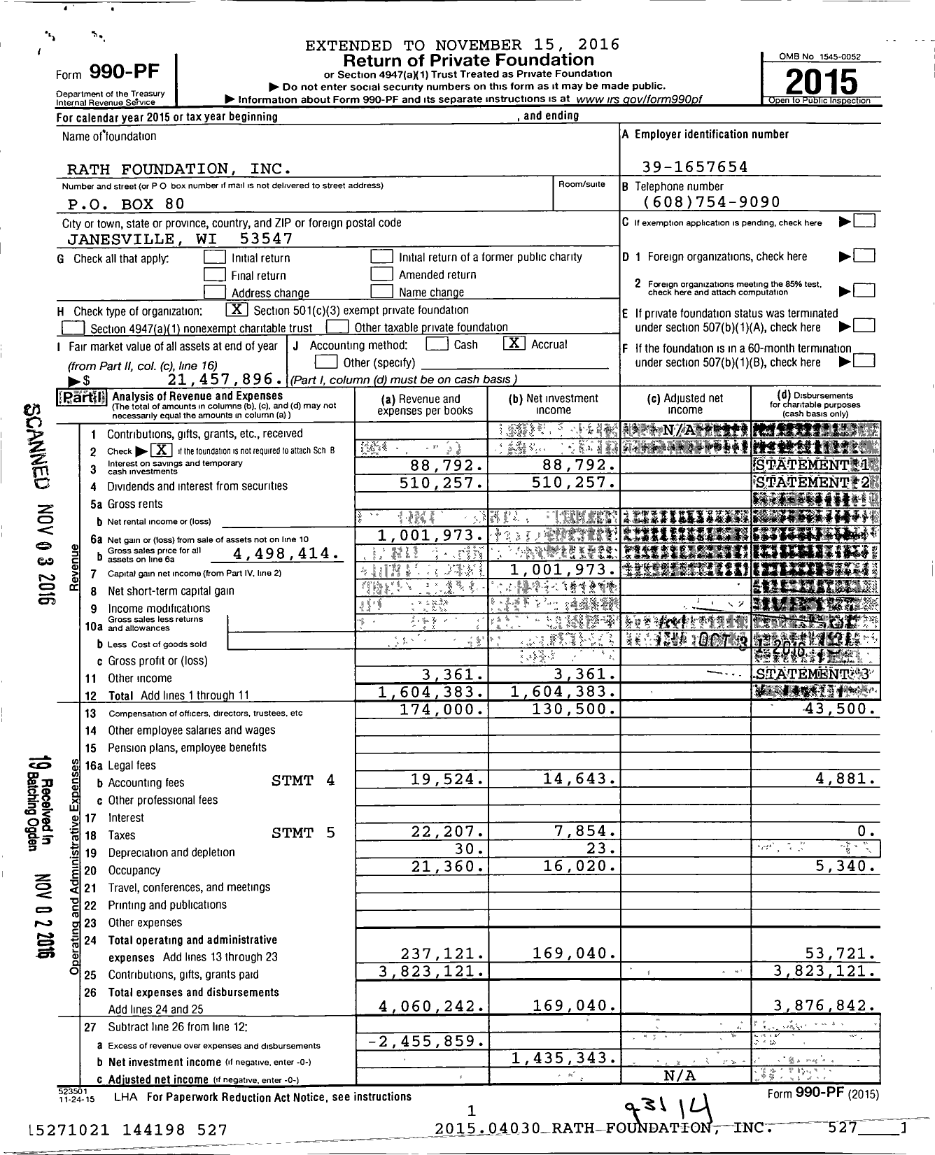 Image of first page of 2015 Form 990PF for Rath Foundation
