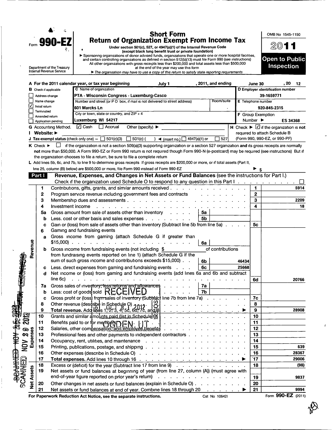 Image of first page of 2011 Form 990EO for PTA Wisconsin Congress / Luxemburg Casco PTA