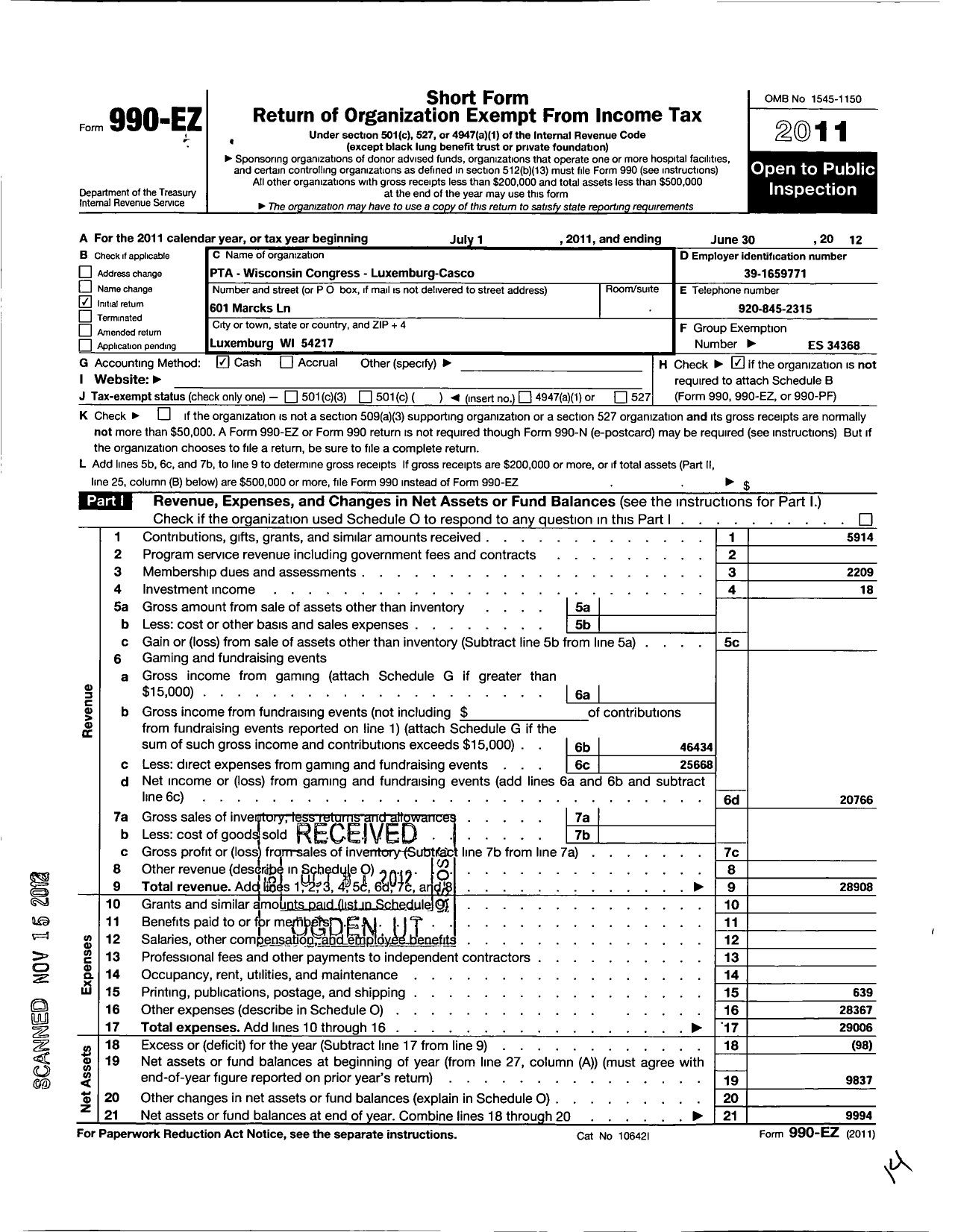 Image of first page of 2011 Form 990EZ for PTA Wisconsin Congress / Luxemburg Casco PTA