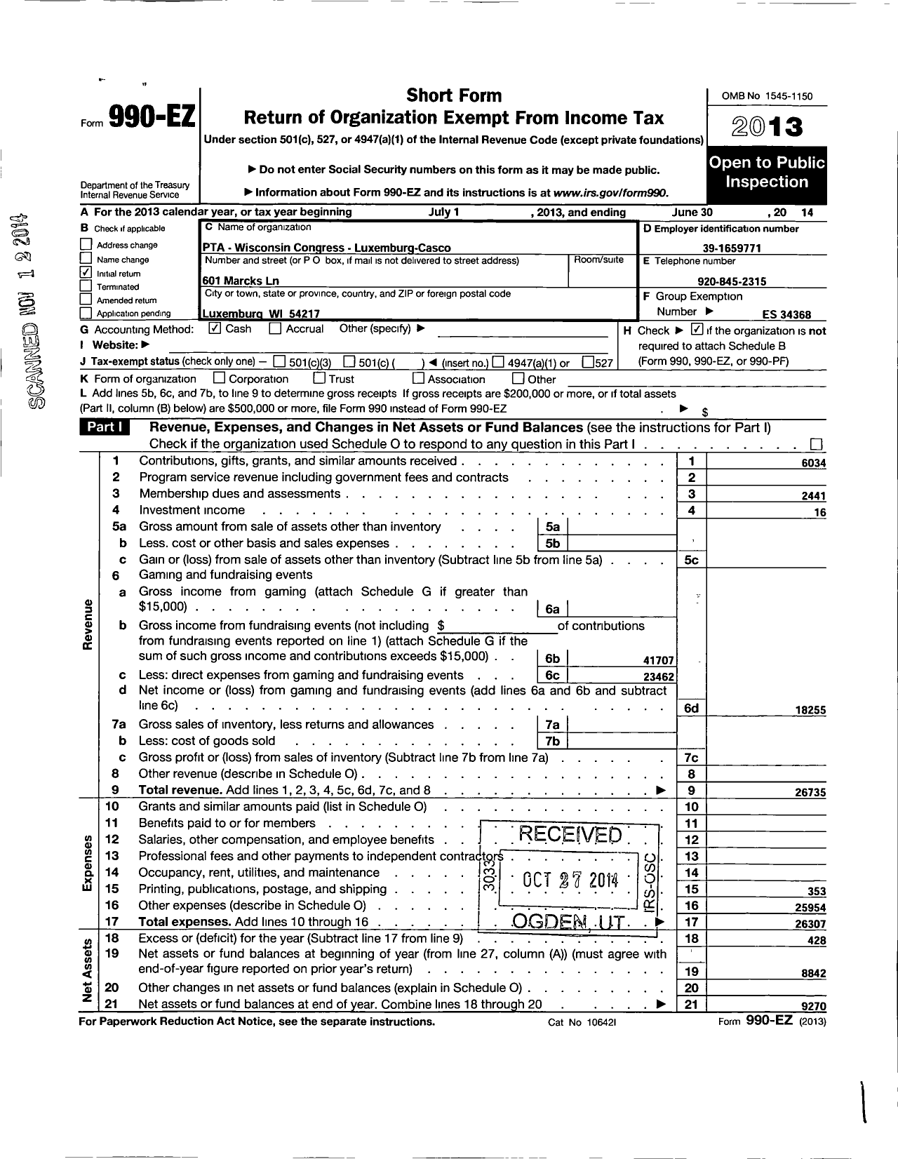 Image of first page of 2013 Form 990EO for PTA Wisconsin Congress / Luxemburg Casco PTA