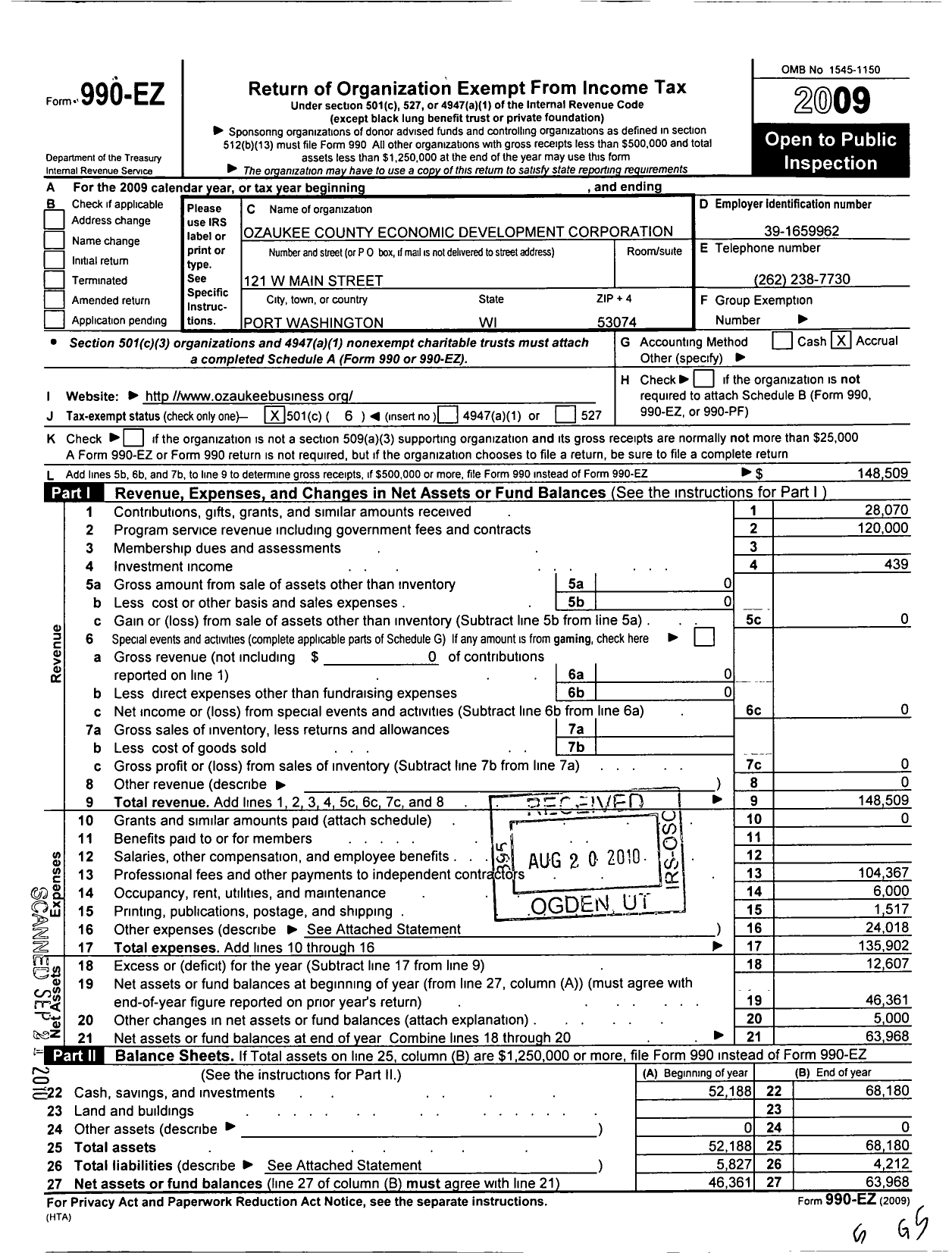 Image of first page of 2009 Form 990EO for Ozaukee County Economic Development Corporation