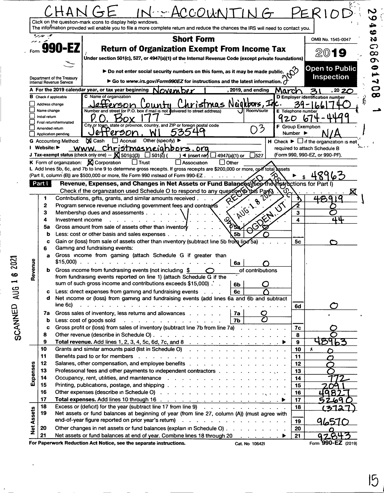 Image of first page of 2019 Form 990EZ for Jefferson County Christmas Neighbors