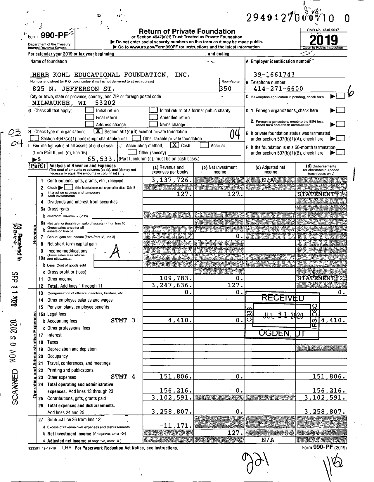 Image of first page of 2019 Form 990PF for Herb Kohl Educational Foundation