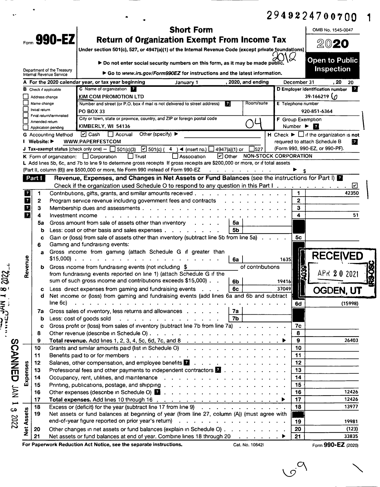 Image of first page of 2020 Form 990EO for Paperfest